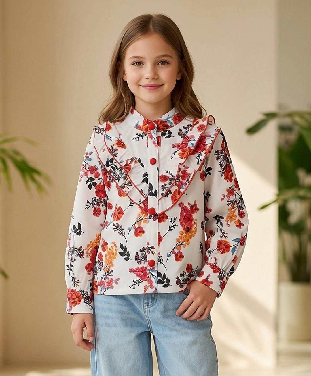Cutiekins Woven Full Sleeves Floral Printed Frill Detailed Top - White & Multi Colour-picture-18