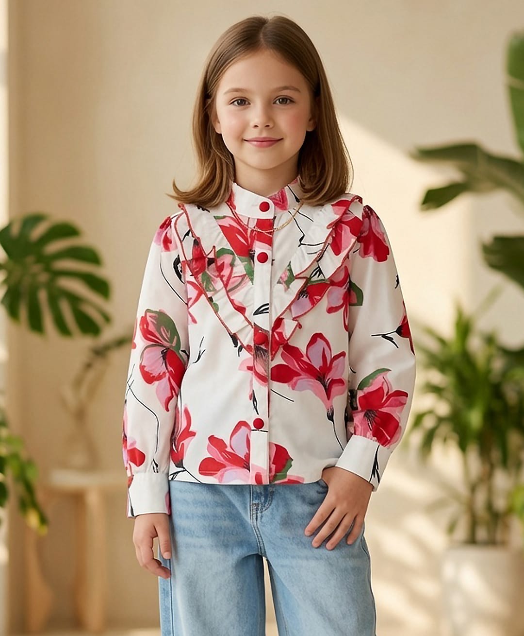 Cutiekins Woven Full Sleeves Floral Printed Frill Detailed Top - White & Red-picture-11
