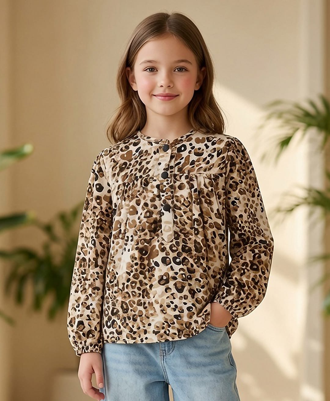 Cutiekins Woven Full Sleeves Animal Printed Top - White & Brown-picture-13