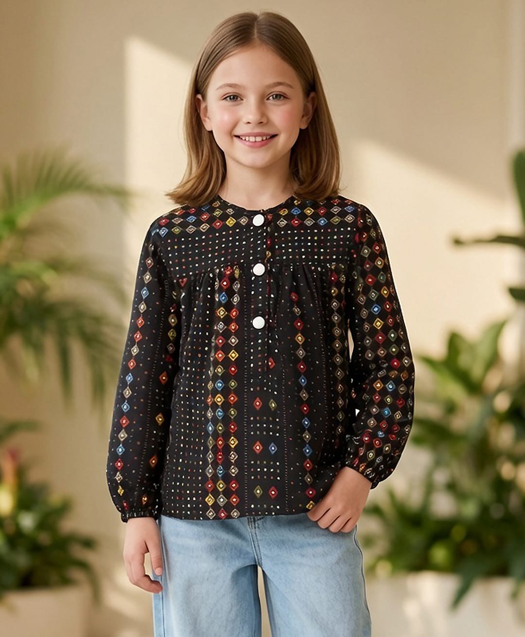 Cutiekins Woven Full Sleeves Geometric Printed Top - Black & Multi Colour-image-40
