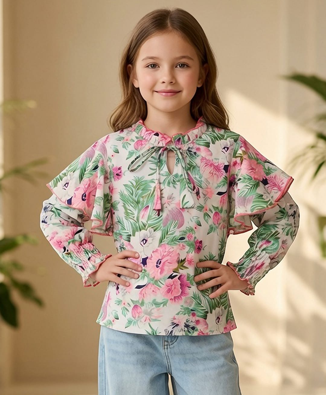 Cutiekins Woven Full Sleeves Floral Printed Frill Detailed Top - White & Multi Colour-image-38