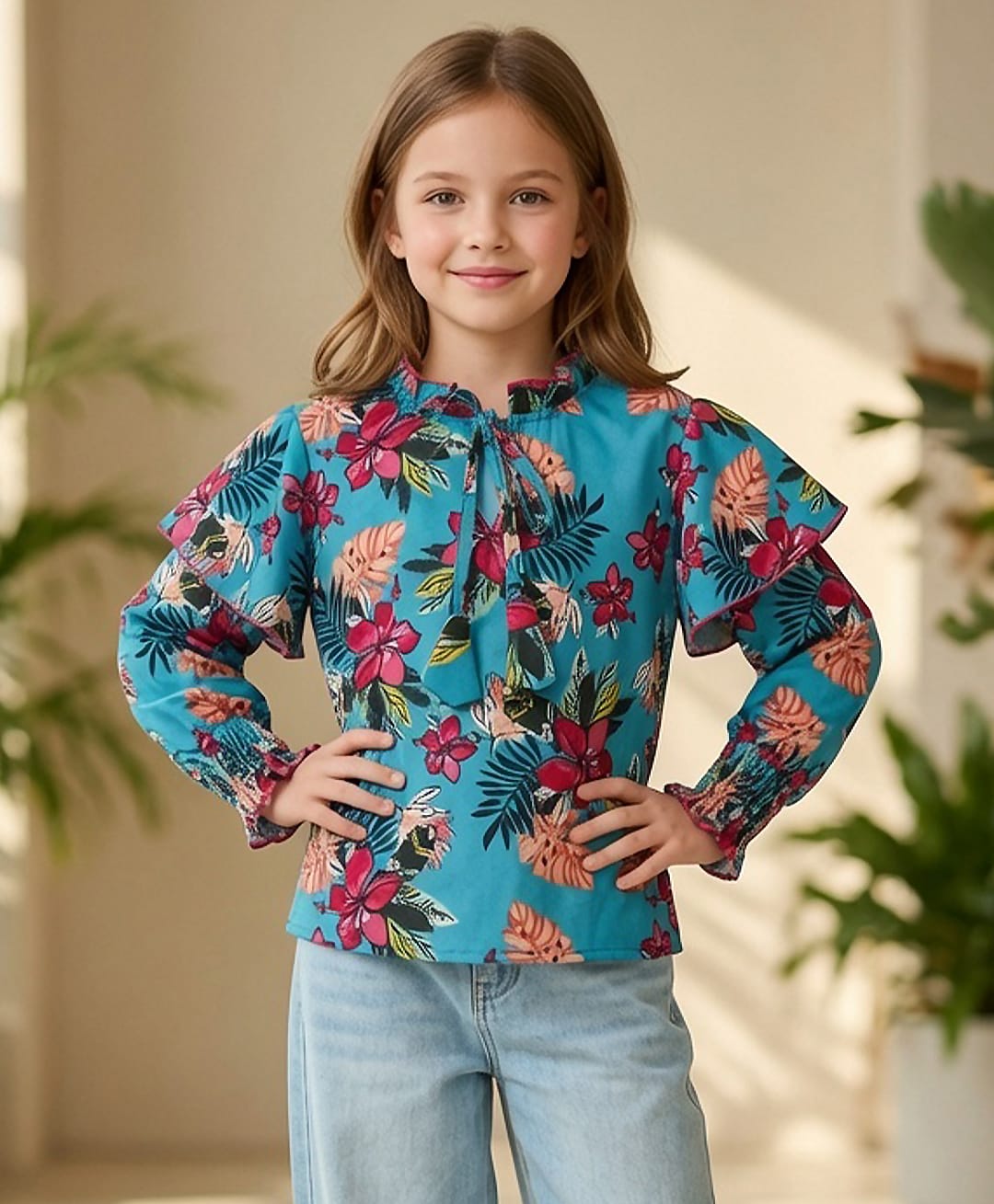 Cutiekins Woven Full Sleeves Floral Printed Frill Detailed Top - Blue & Multi Colour-image-45