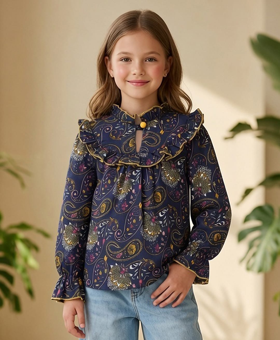 Cutiekins Woven Full Sleeves Floral & Paisley Printed Frill Detailed Top - Navy Blue & Multi Colour-picture-11