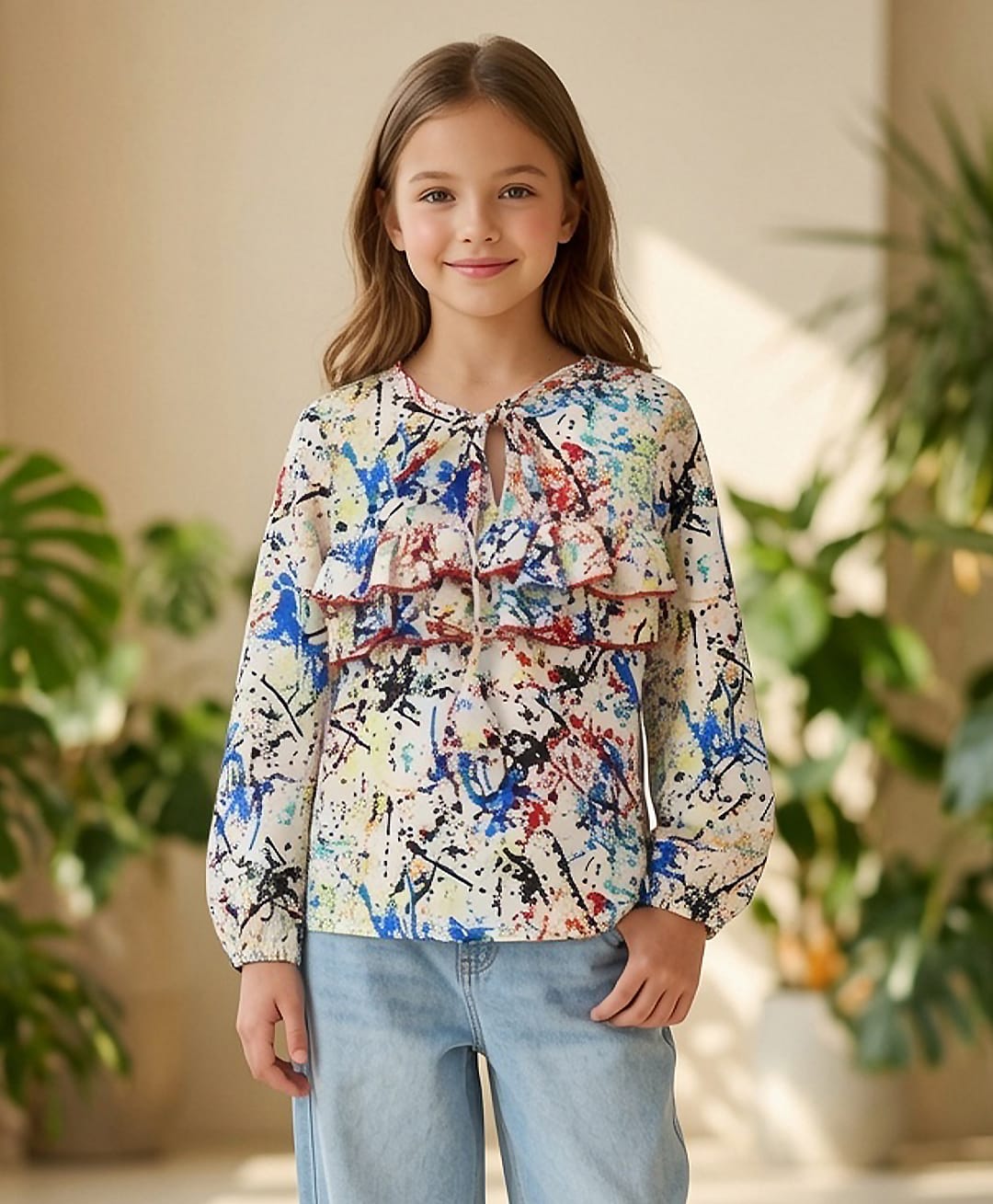 Cutiekins Woven Full Sleeves Colour Splash Printed Frill Detailed Top - White & Multi Colour-image-10