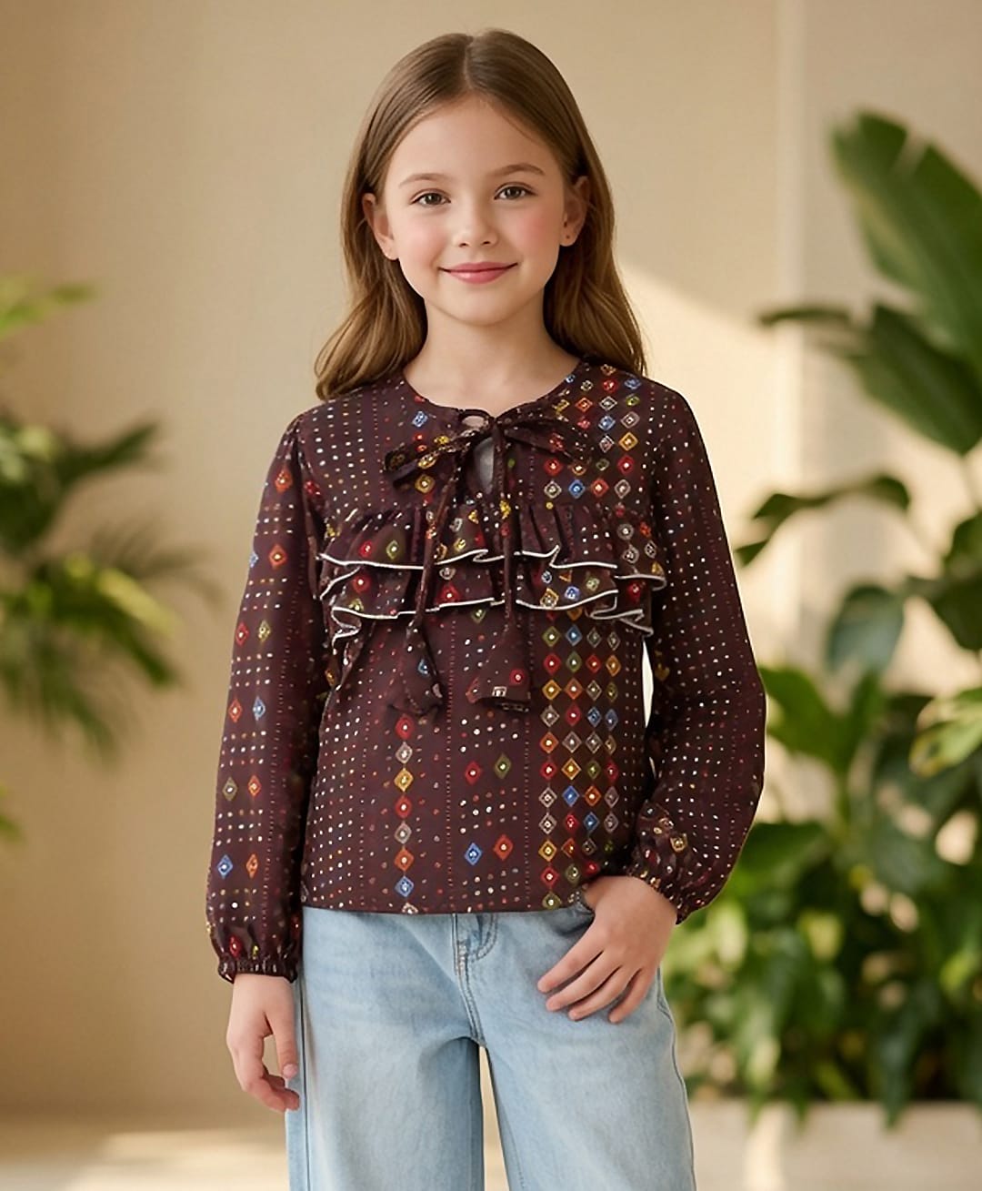 Cutiekins Woven Full Sleeves Geometric Printed Frill Detailed Top - Wine & Multi Colour-image-37
