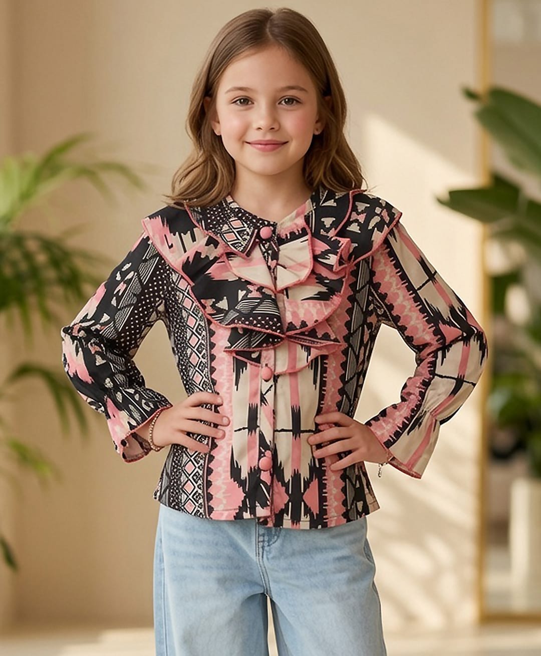 Cutiekins Woven Full Sleeves Geometric & Abstract Printed Frill Detailed Top - Black & Multi Colour-picture-35