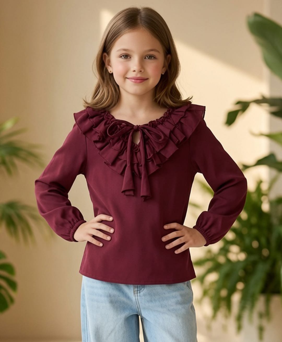 Cutiekins Woven Full Sleeves Frill Detailed Top - Maroon-image-15