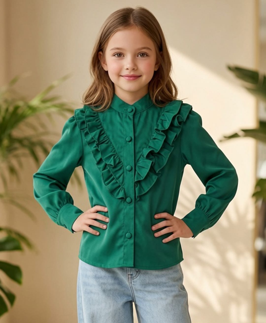 Cutiekins Woven Full Sleeves Frill Detailed Top - Green-picture-12