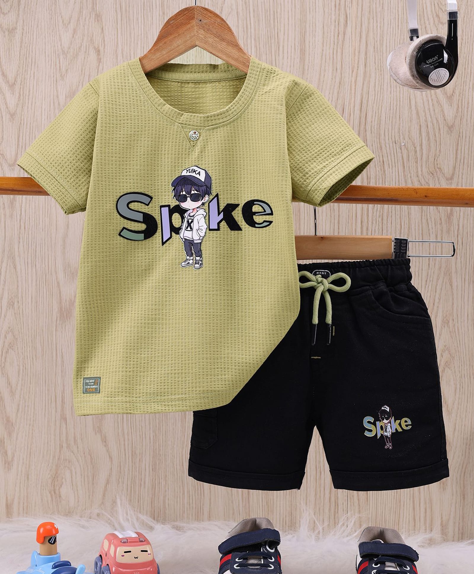 TOONYPORT Cotton Blend Knit Half Sleeves Spike Text Printed Tee & Shorts Set - Green-image-43