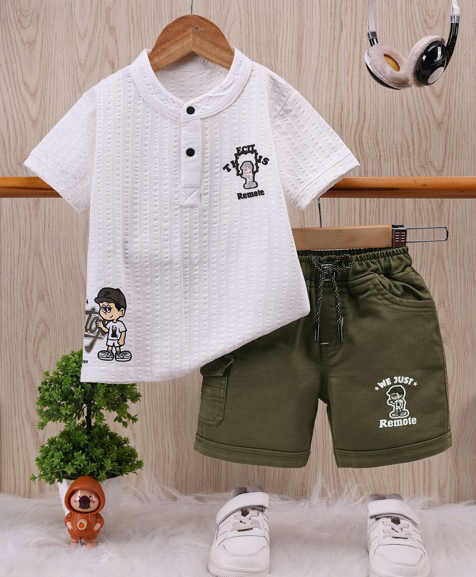 TOONYPORT Cotton Blend Knit Half Sleeves Waving Boy Printed Tee & Shorts Set - White-image-18