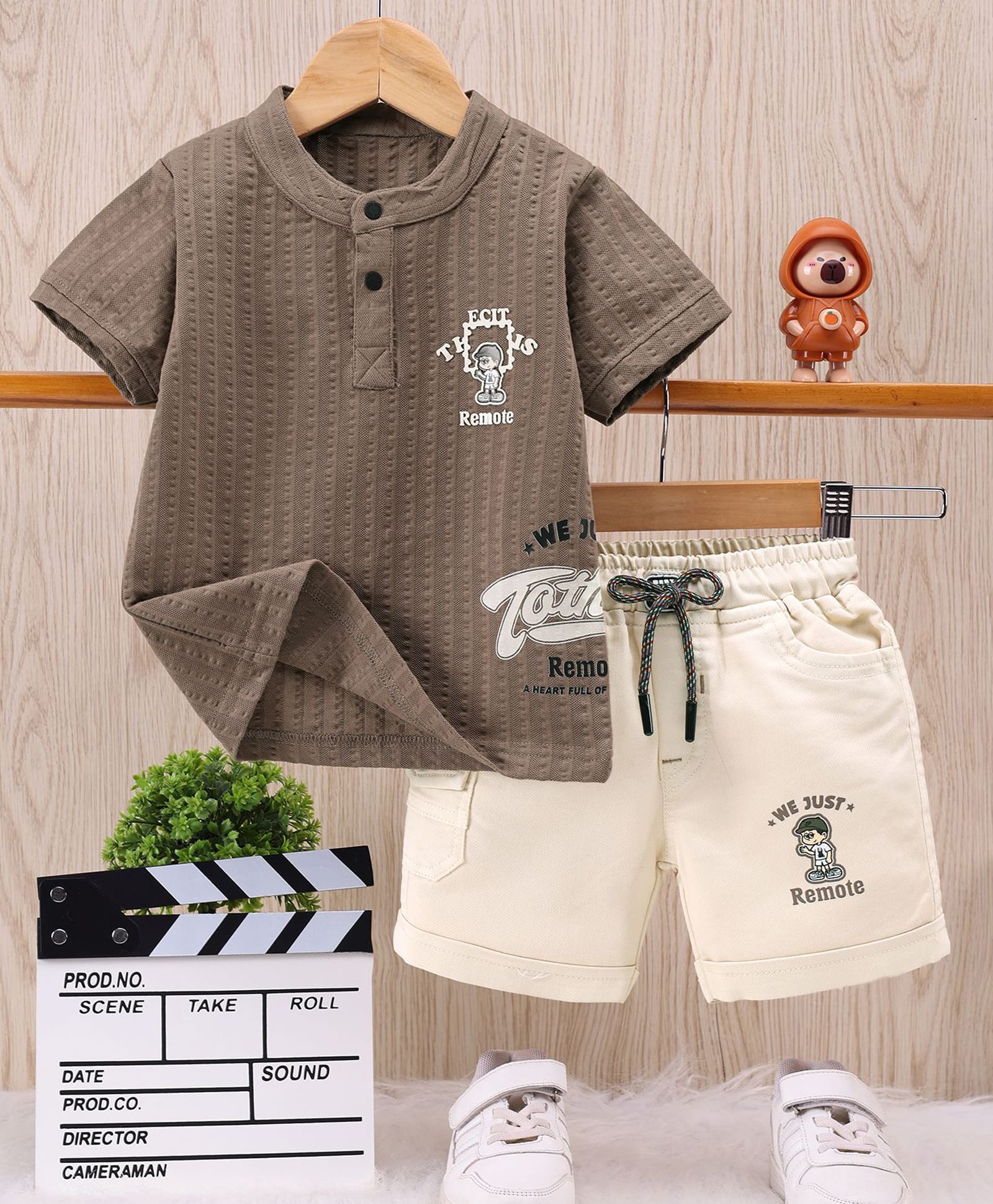 TOONYPORT Cotton Blend Knit Half Sleeves Waving Boy Printed Tee & Shorts Set - Brown-image-32