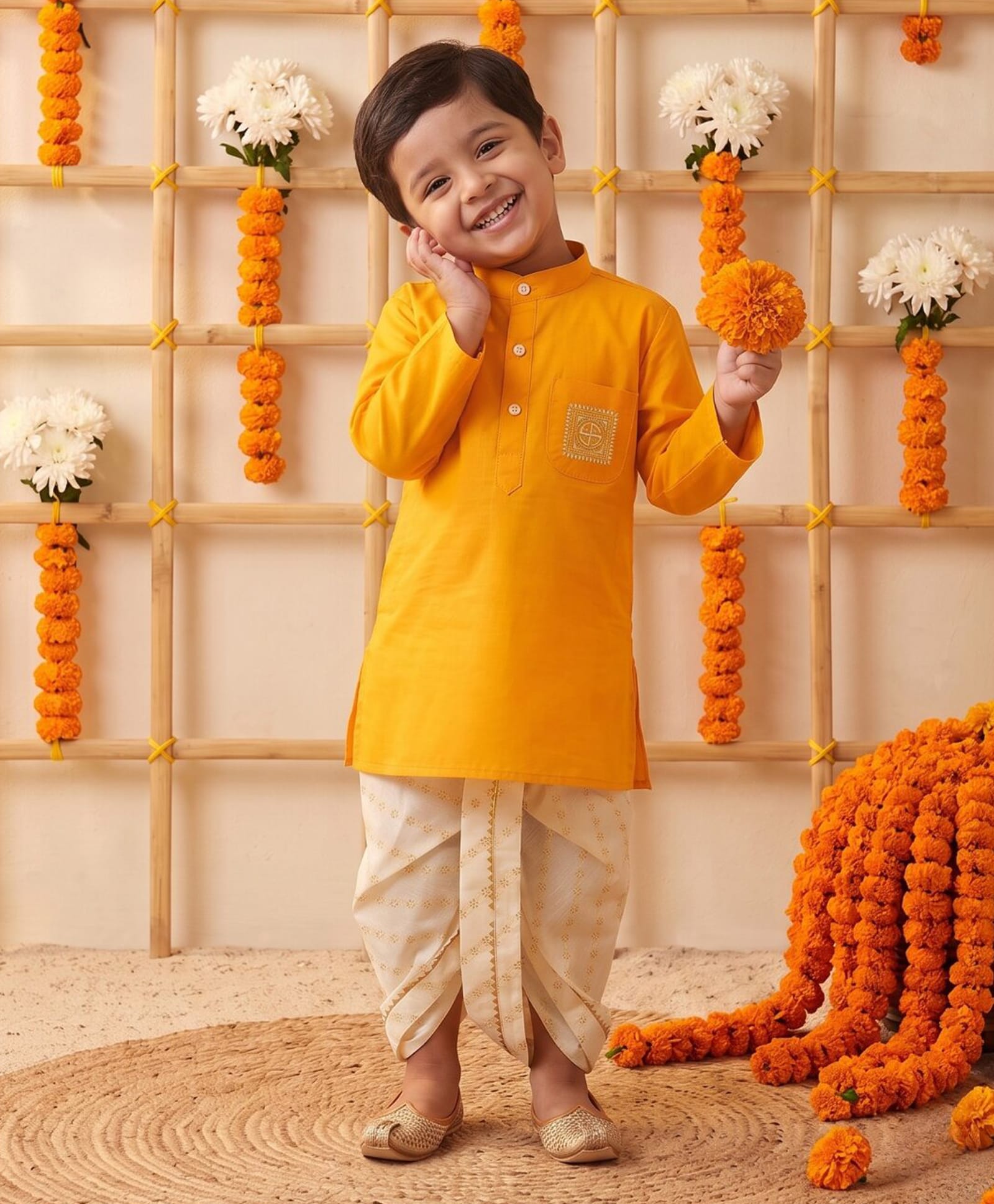 AJ Dezines Cotton Woven Full Sleeves Swastik Embroidered Kurta & Dhoti Set - Mustard-picture-11