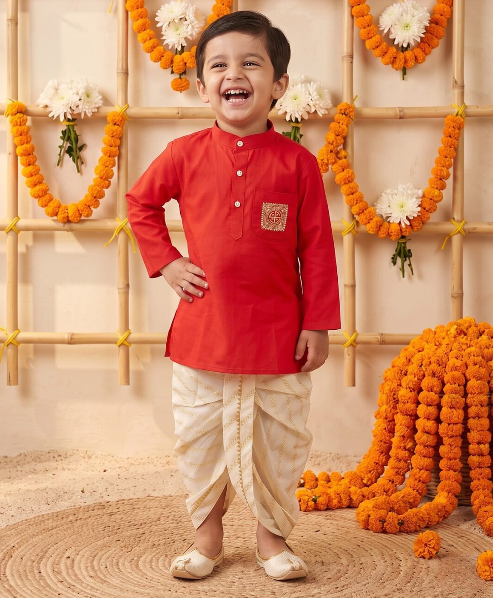 AJ Dezines Cotton Woven Full Sleeves Swastik Embroidered Kurta & Dhoti Set - Red-picture-25