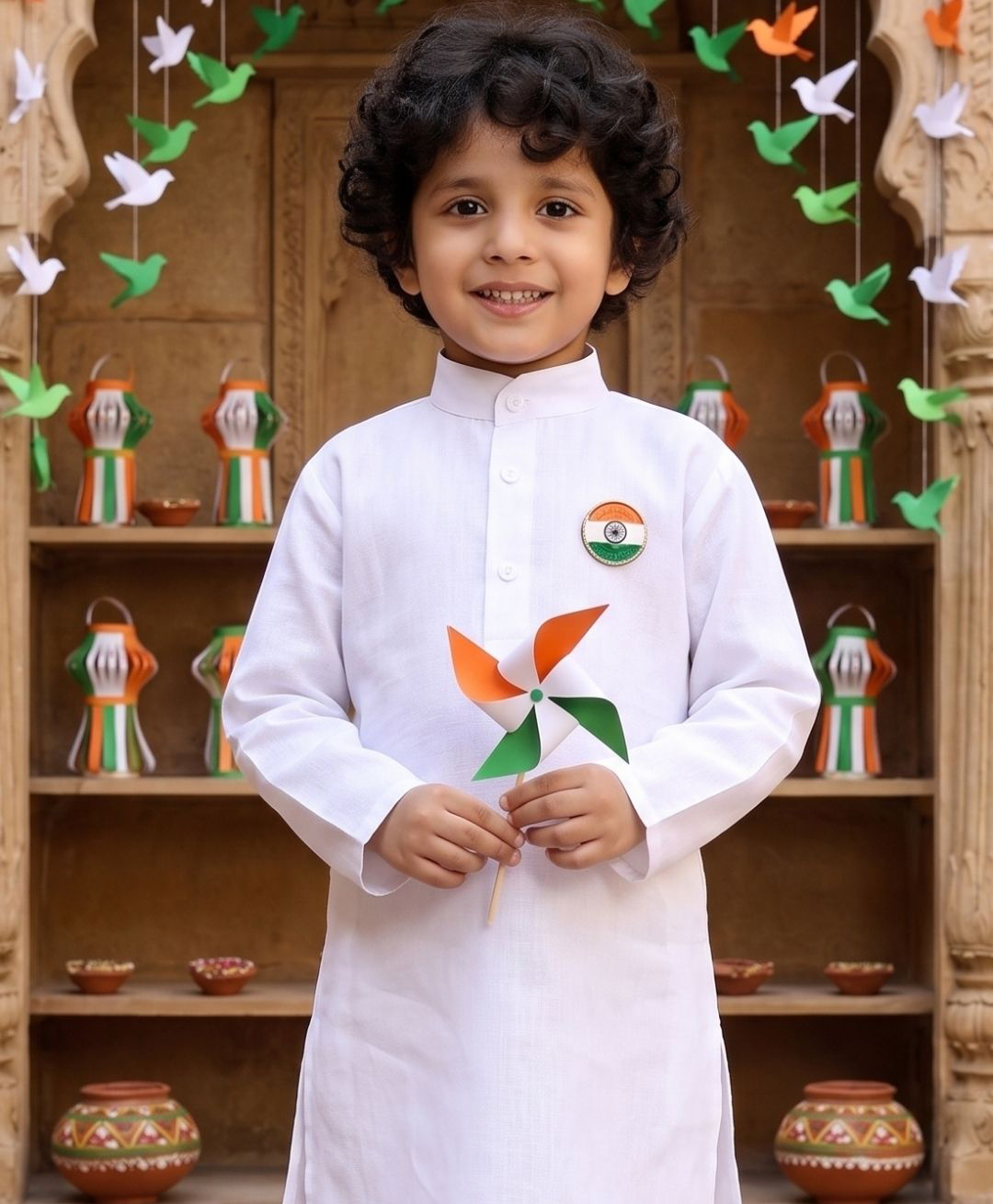 AJ Dezines Pure Cotton Woven Independence Day Theme Full Sleeves Solid Kurta With Indian Flag Brooch - White-image-42