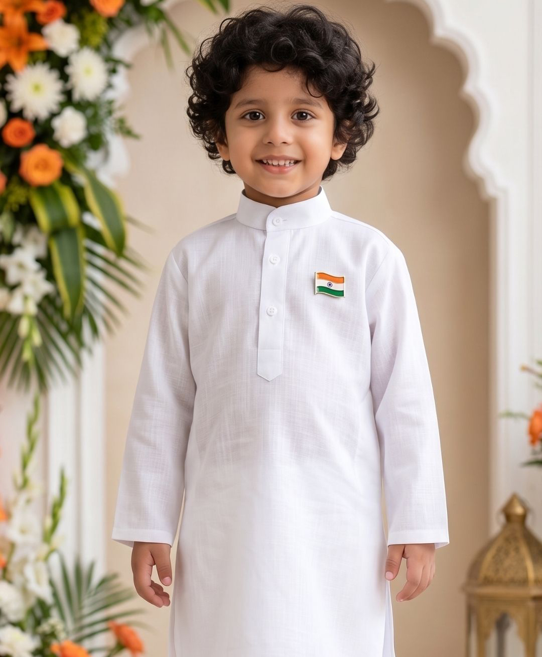 AJ Dezines Pure Cotton Woven Independence Day Theme Full Sleeves Solid Kurta With Indian Flag Brooch - White-image-39