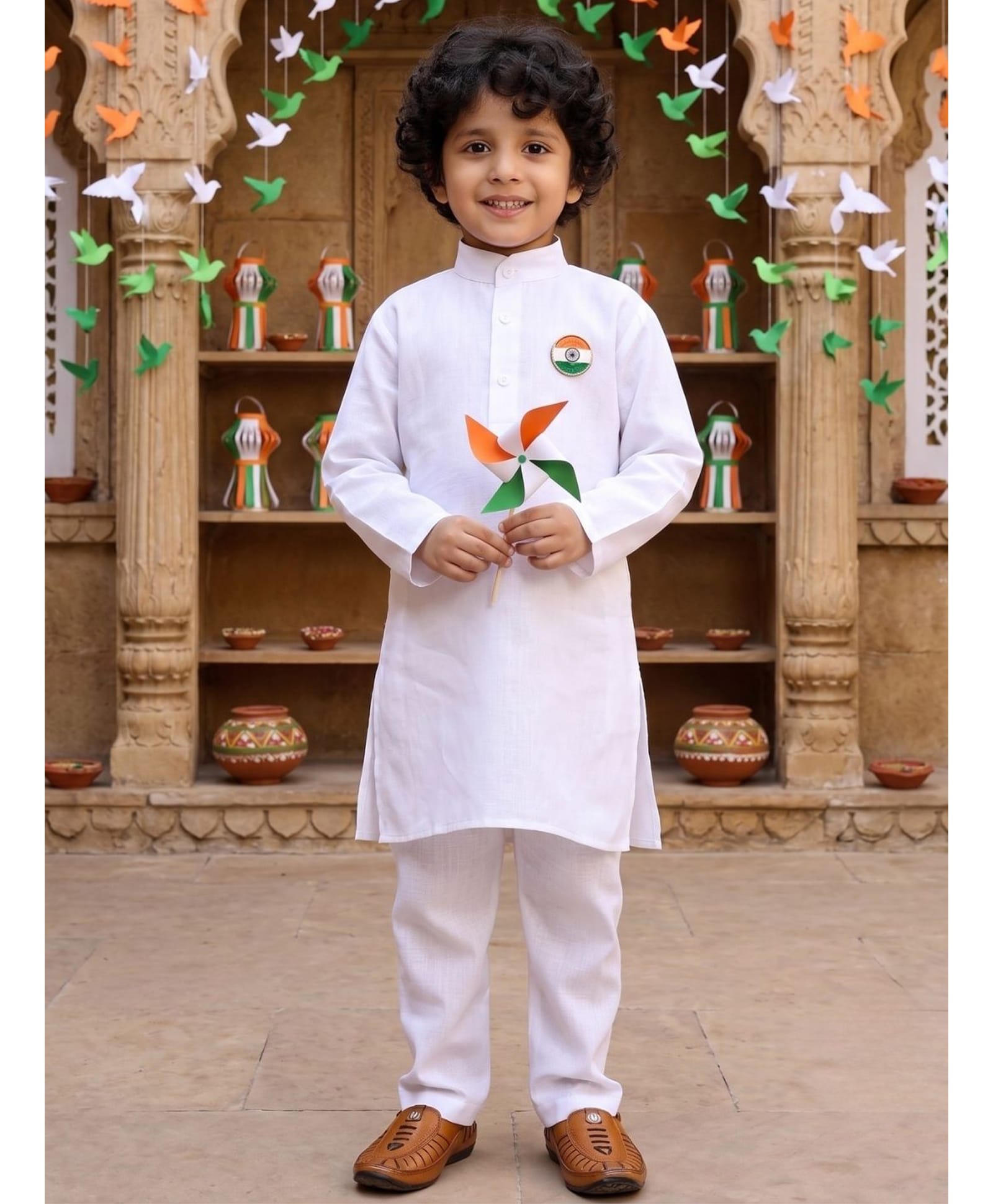 AJ Dezines Cotton Woven Independence Day Theme Full Sleeves Solid Kurta & Pyjama Set With Brooch - White-picture-31