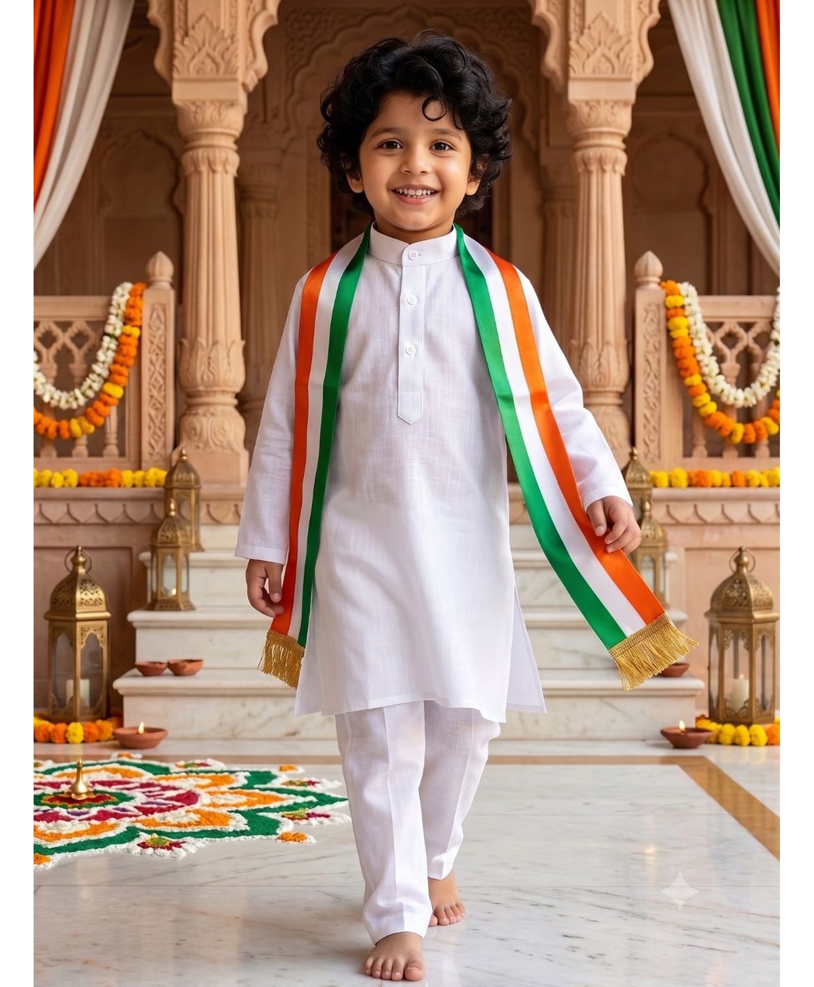 AJ Dezines Cotton Woven Independence Day Theme Full Sleeves Solid Kurta & Pyjama Set With Dupatta - White-picture-28