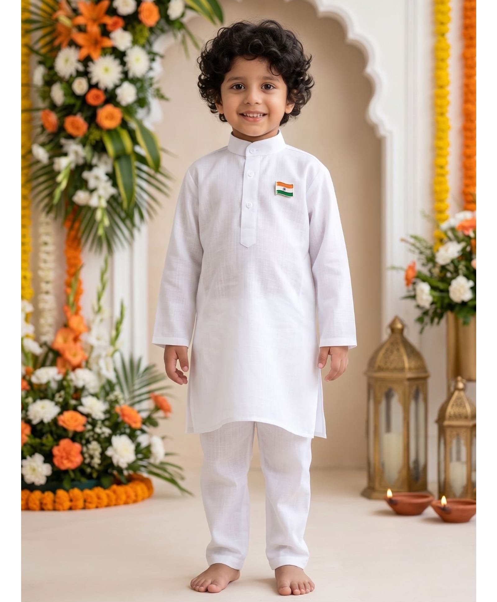 AJ Dezines Cotton Woven Independence Day Theme Full Sleeves Solid Kurta & Pyjama Set With Brooch - White-picture-12