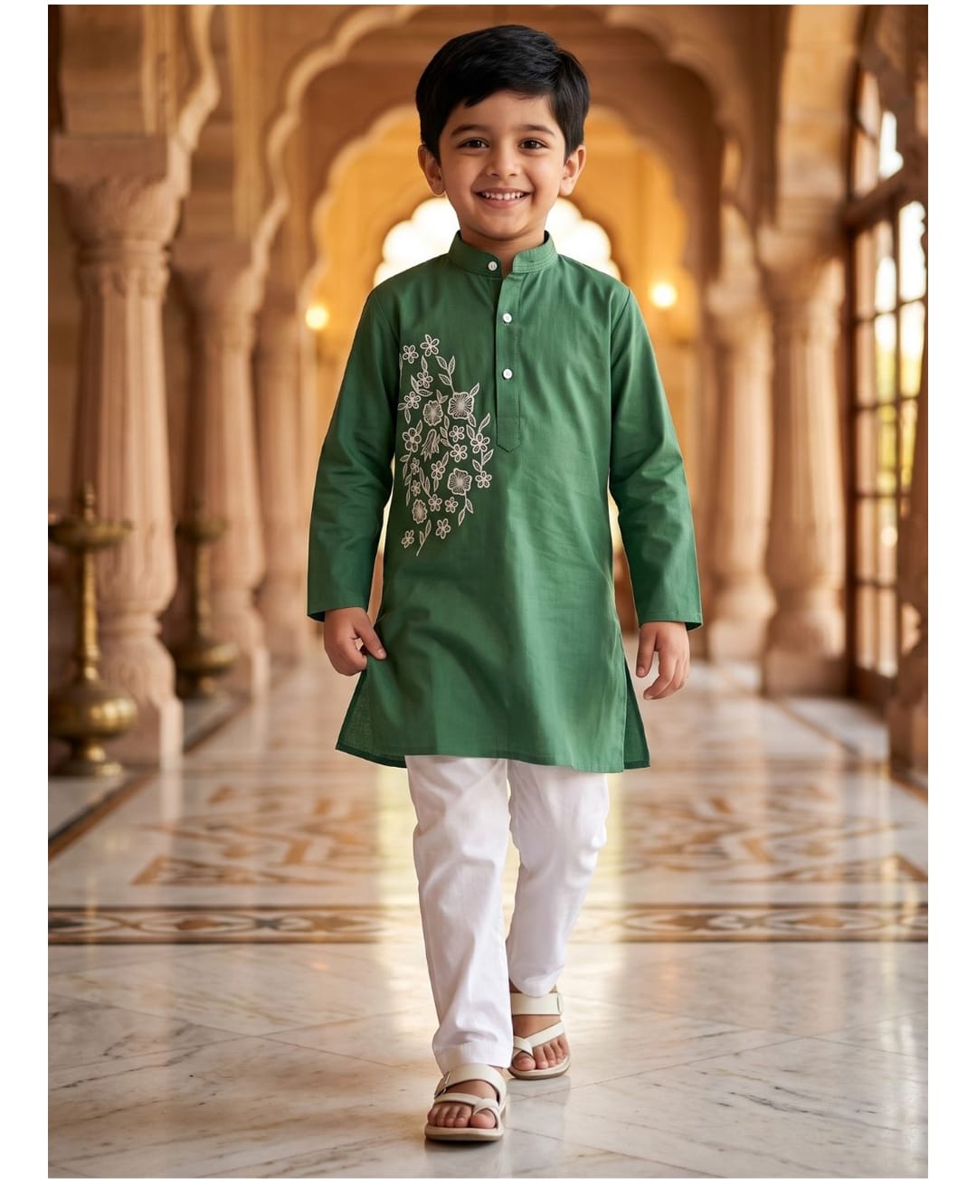 AJ Dezines Pure Cotton Woven Full Sleeves Floral Embroidered Kurta & Pyjama Set - Green-picture-7