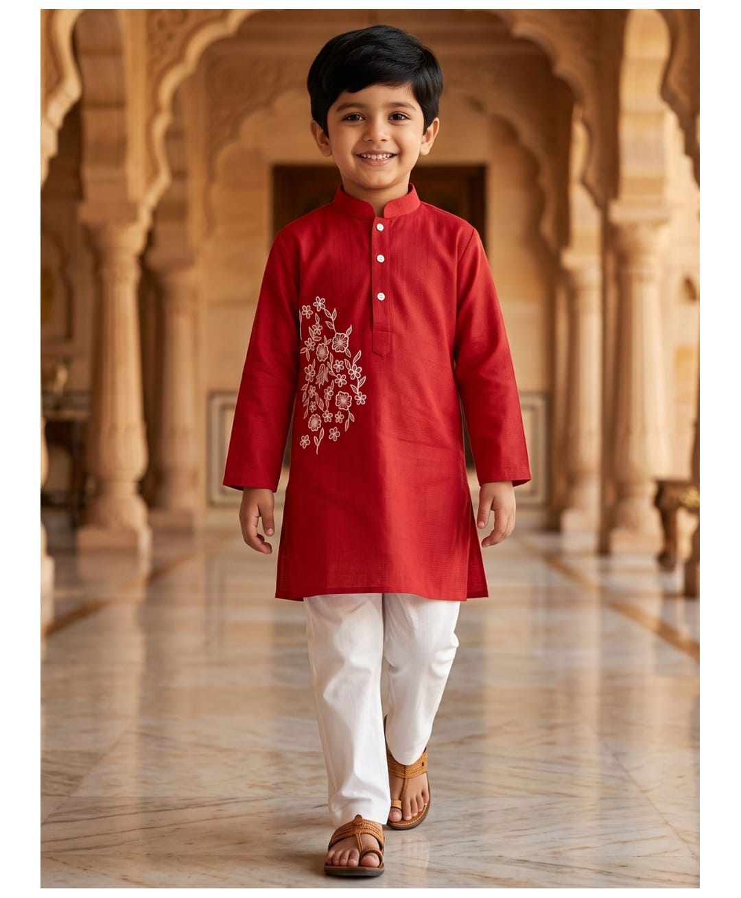 AJ Dezines Pure Cotton Woven Full Sleeves Floral Embroidered Kurta & Pyjama Set - Red-picture-10