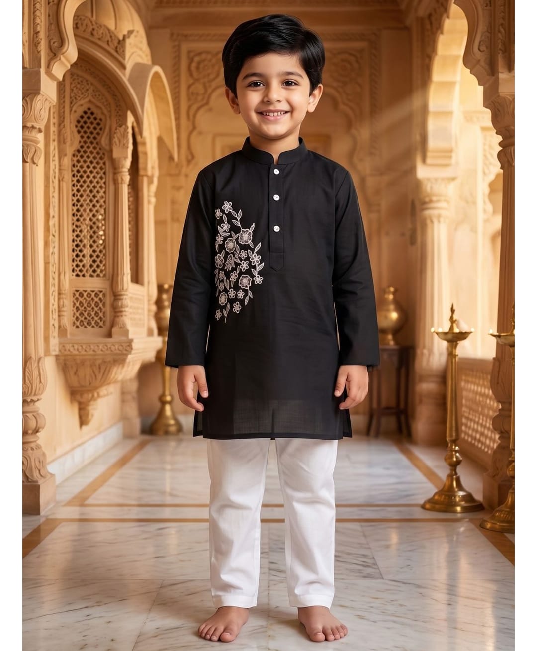 AJ Dezines Pure Cotton Woven Full Sleeves Floral Embroidered Kurta & Pyjama Set - Black-picture-6