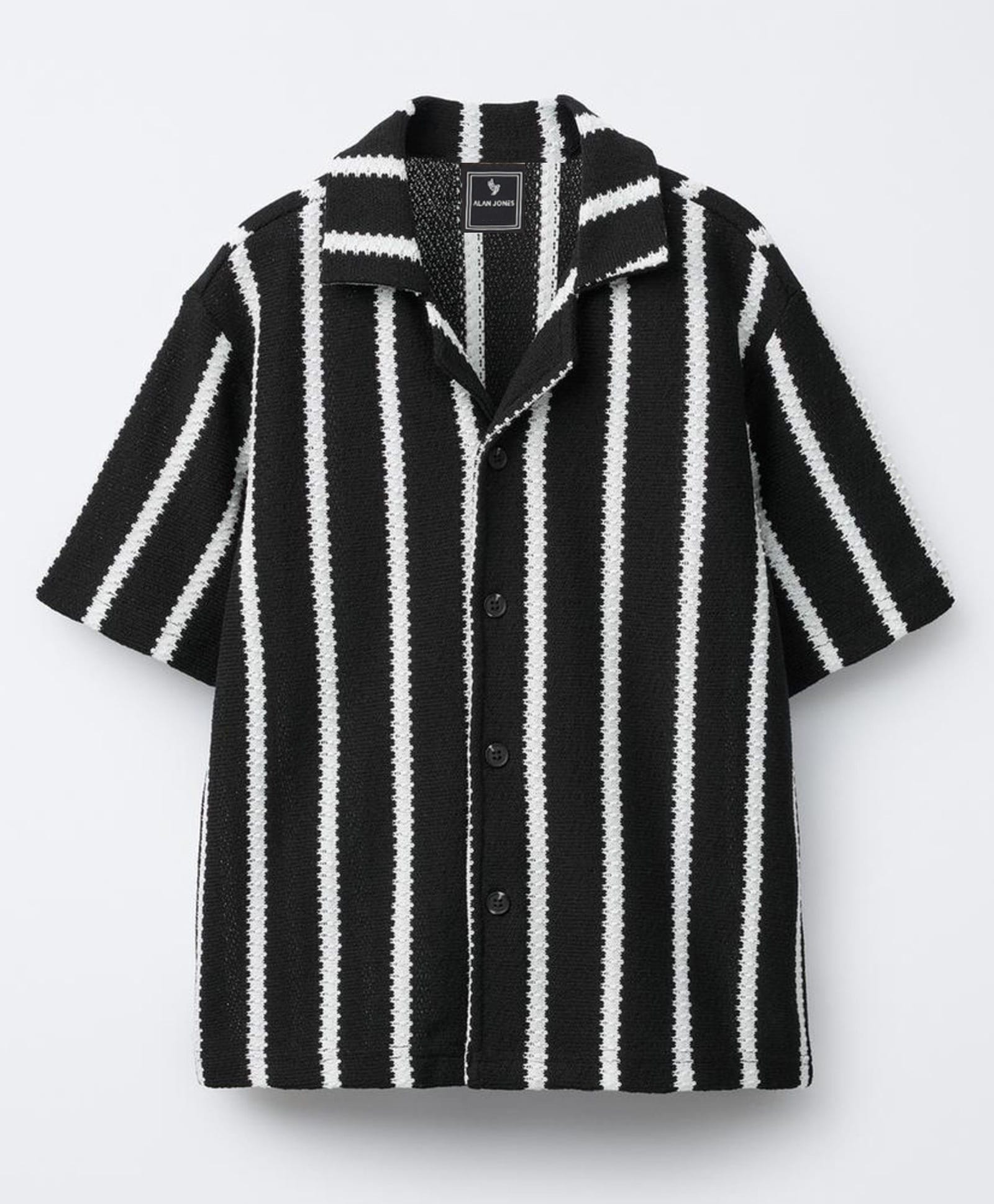 ALAN JONES Cotton Blend Knit Half Sleeves Striped Shirt - Black-image-34
