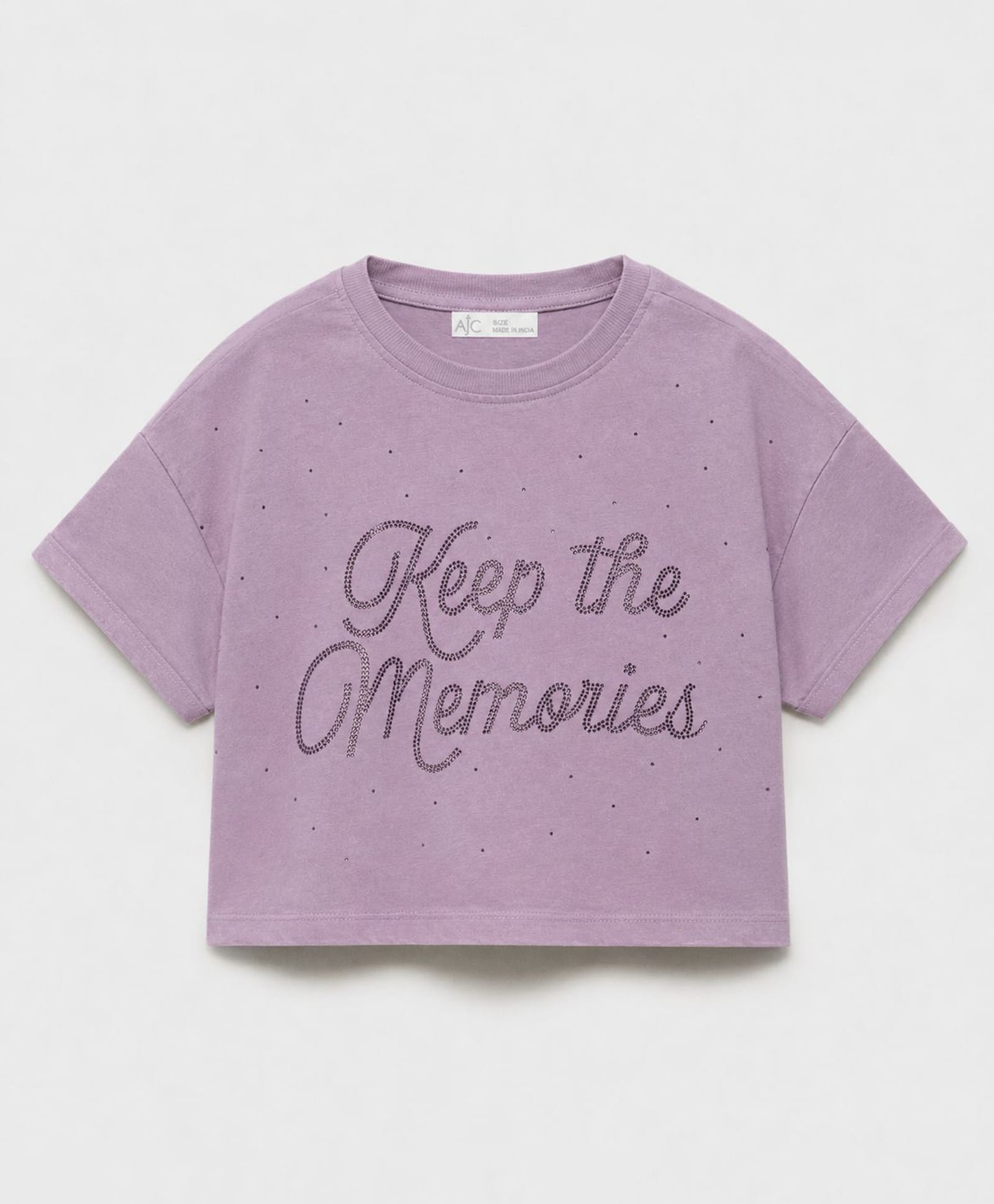ALAN JONES Cotton Blend Knit Half Sleeves Keep The Memories Text Stones Embellished Tee - Lilac-image-5