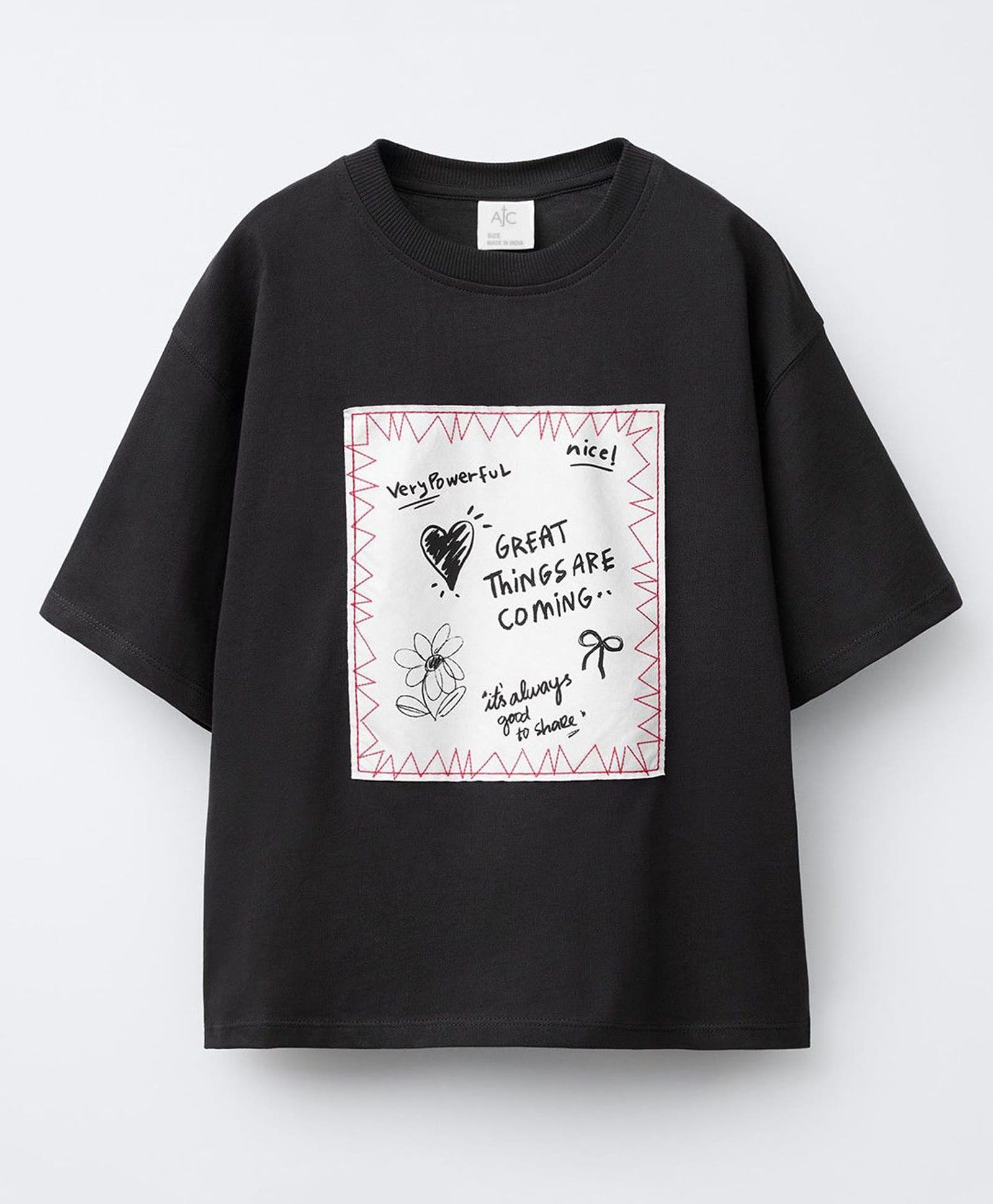ALAN JONES Cotton Blend Knit Half Sleeves Typography Printed Tee - Anthracite Grey-image-26