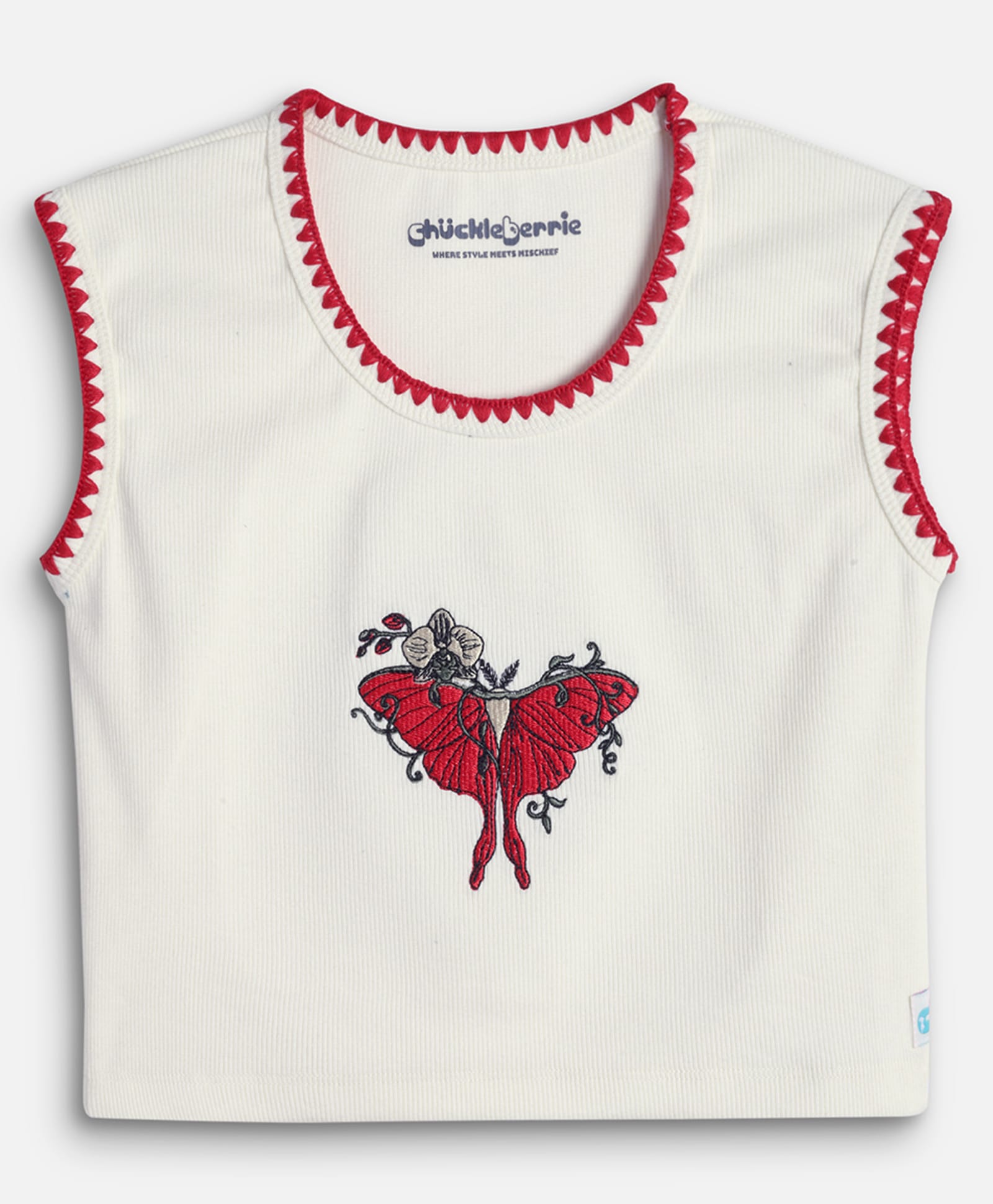 chuckleberrie Cotton Knit Sleeveless Moth Embroidered Tank Top - White-picture-16