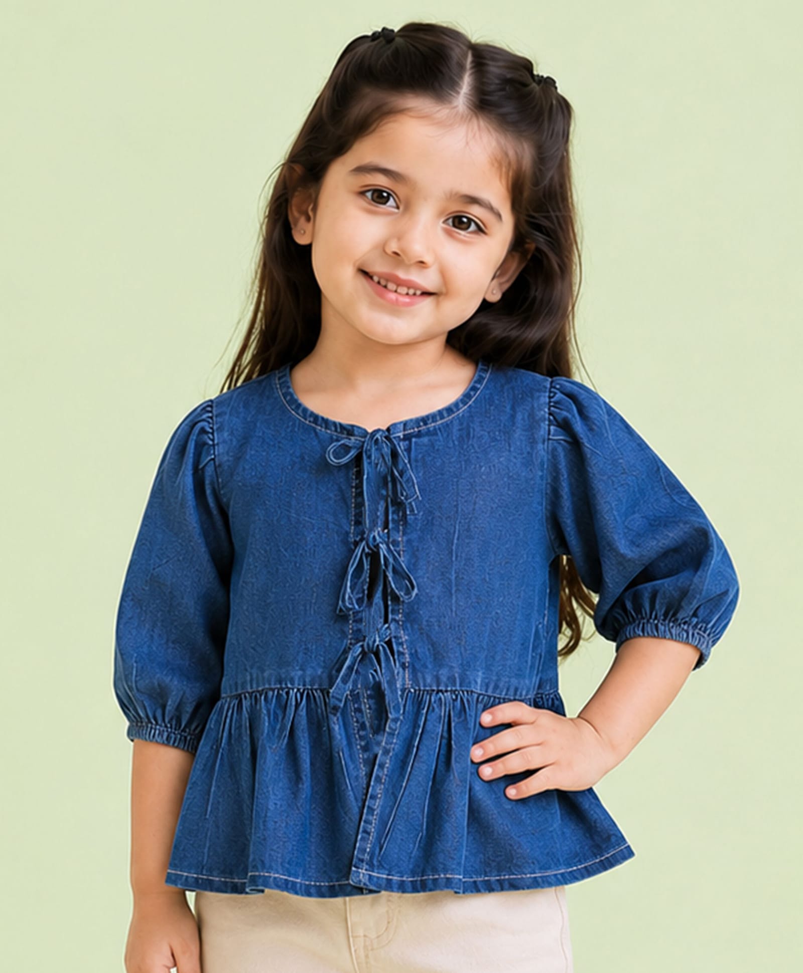 Kidbea Denim Woven Three Fourth Puffed Sleeves Solid Tie Up Top - Blue-image-7