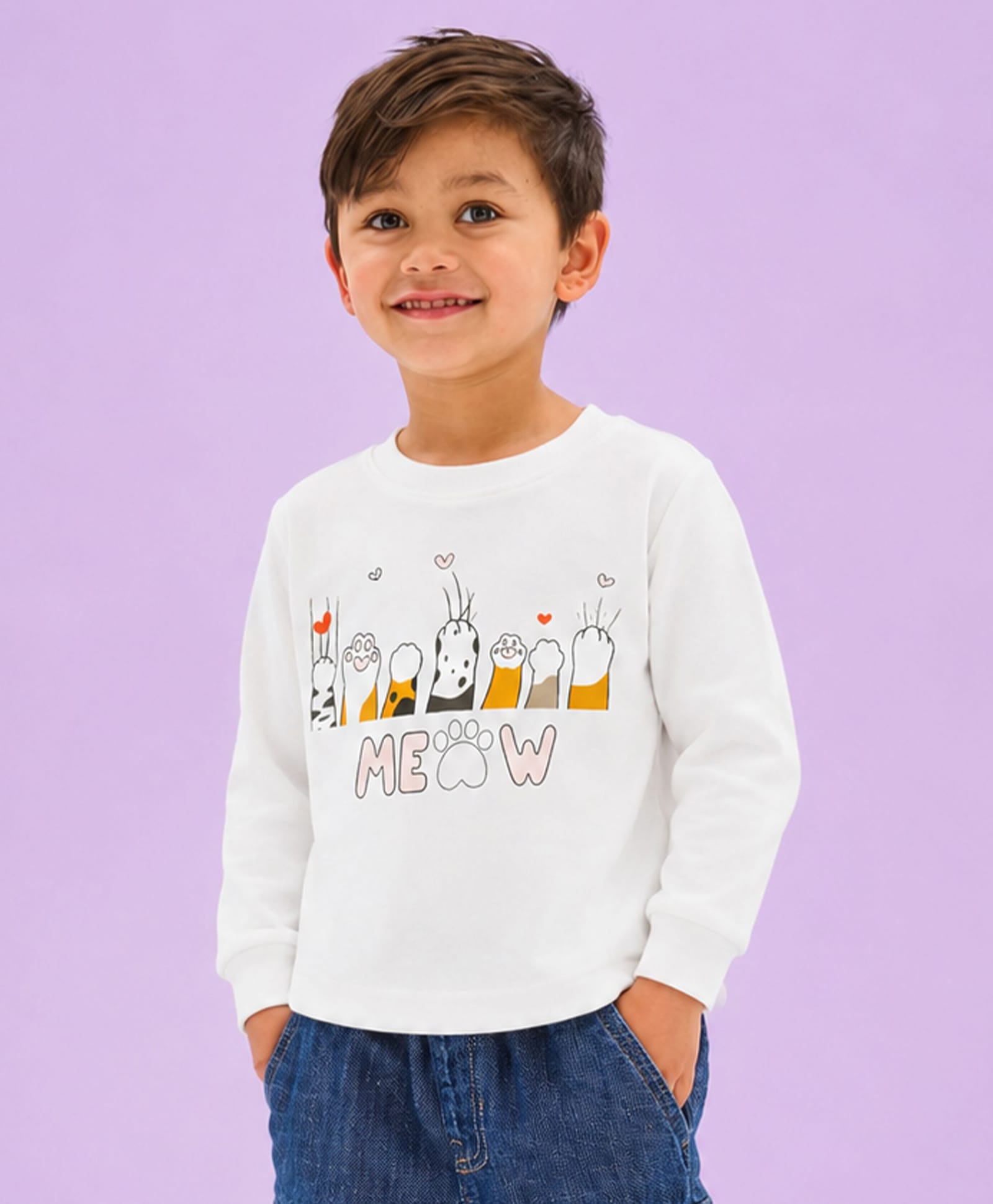 Kidbea Cotton Knit Full Sleeves Paws Printed Sweatshirts - Cream-image-39