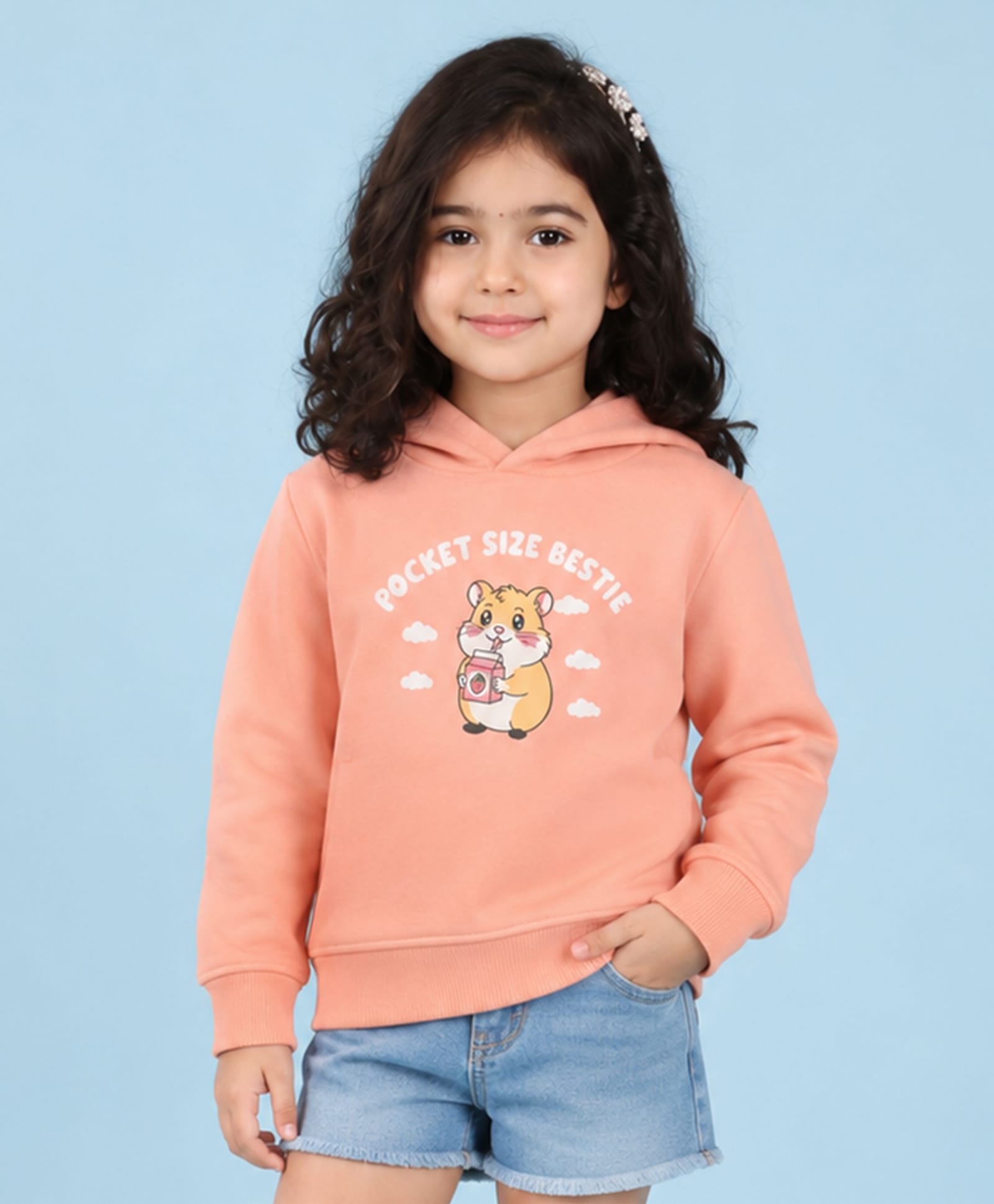 Kidbea Cotton Knit Full Sleeves Pocket Size Bestie Text Printed Hooded Sweatshirt - Peach-picture-22