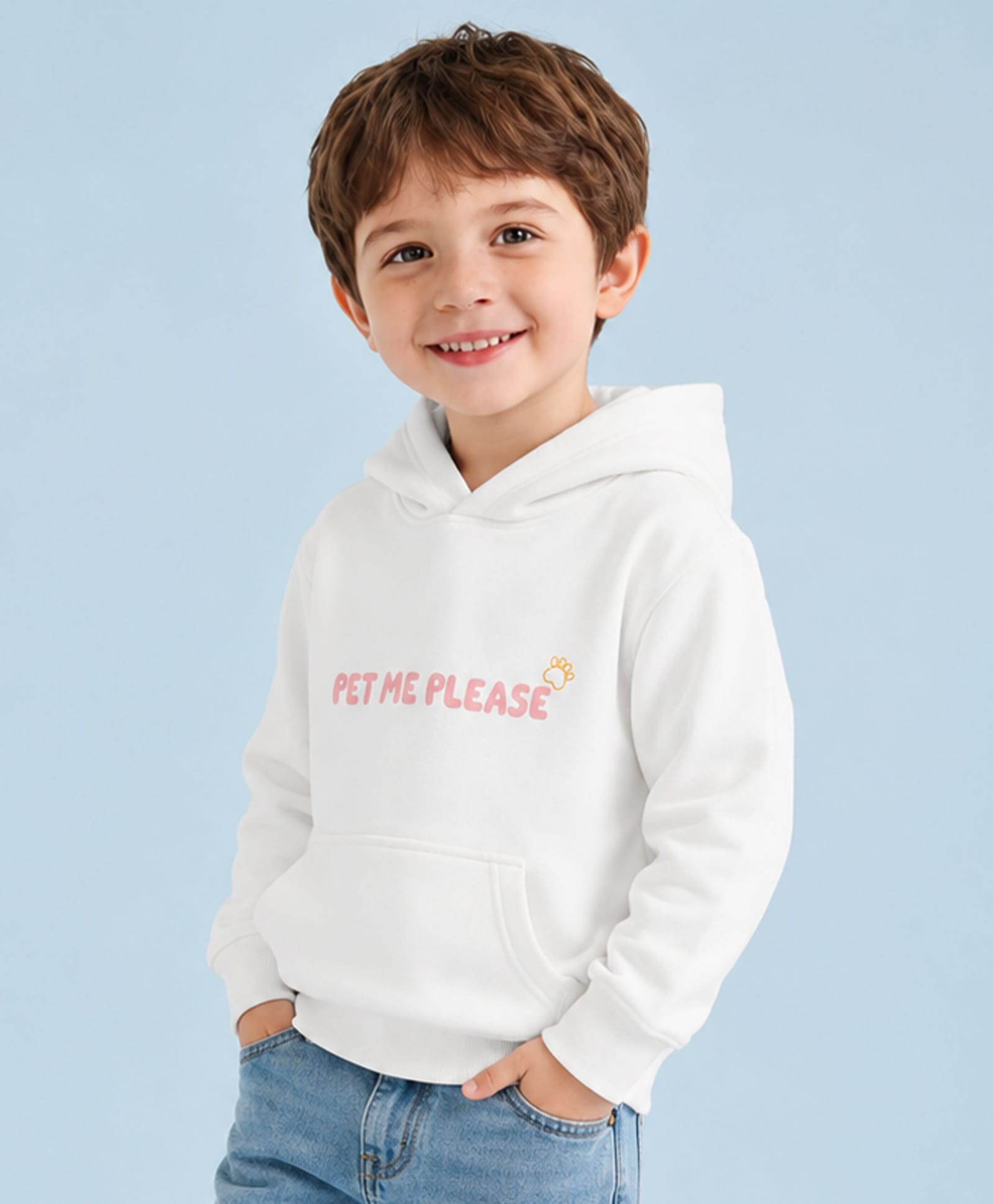 Kidbea Cotton Knit Full Sleeves Pet Me Please Text Printed Hooded Sweatshirt - Cream-picture-12