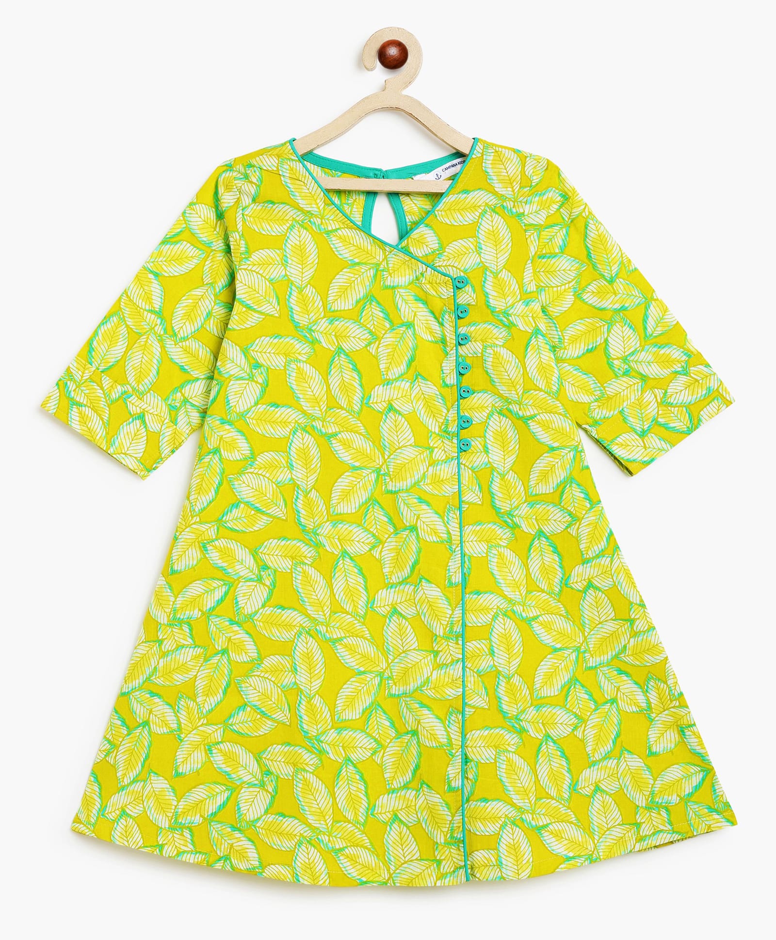 Campana 100% Cotton Woven Three Fourth Sleeves Leaves Printed Angrakha Style Kurti - Lime Green-picture-19