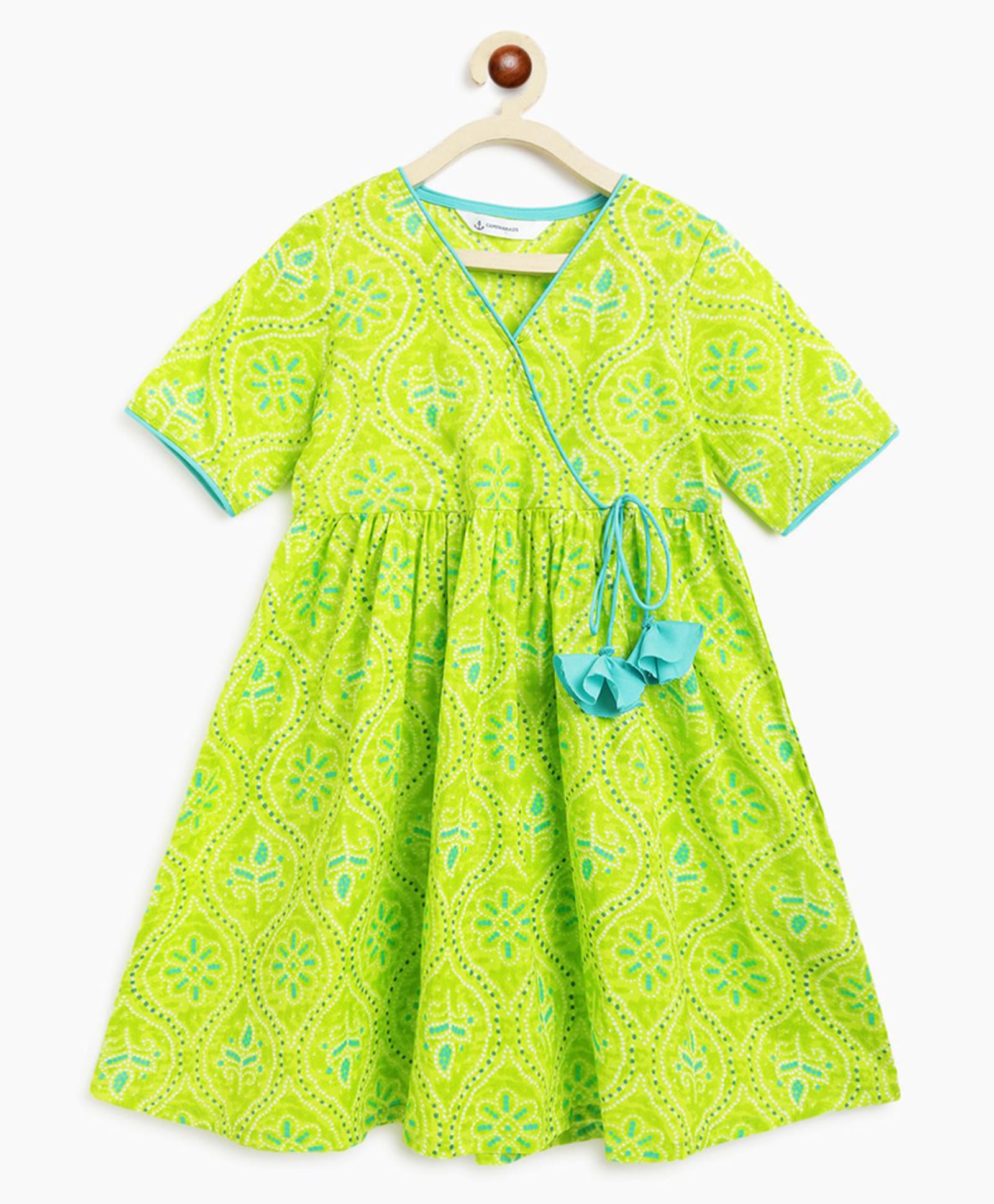 Campana 100% Cotton Woven Half Sleeves Bandhani Printed Angrakha Style Kurti - Lime Green & Turquoise-picture-3