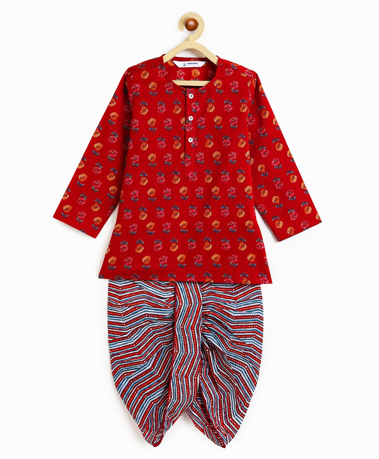 Campana 100% Cotton Woven Full Sleeves Floral Printed Kurta & Dhoti Set - Red & Blue-picture-46