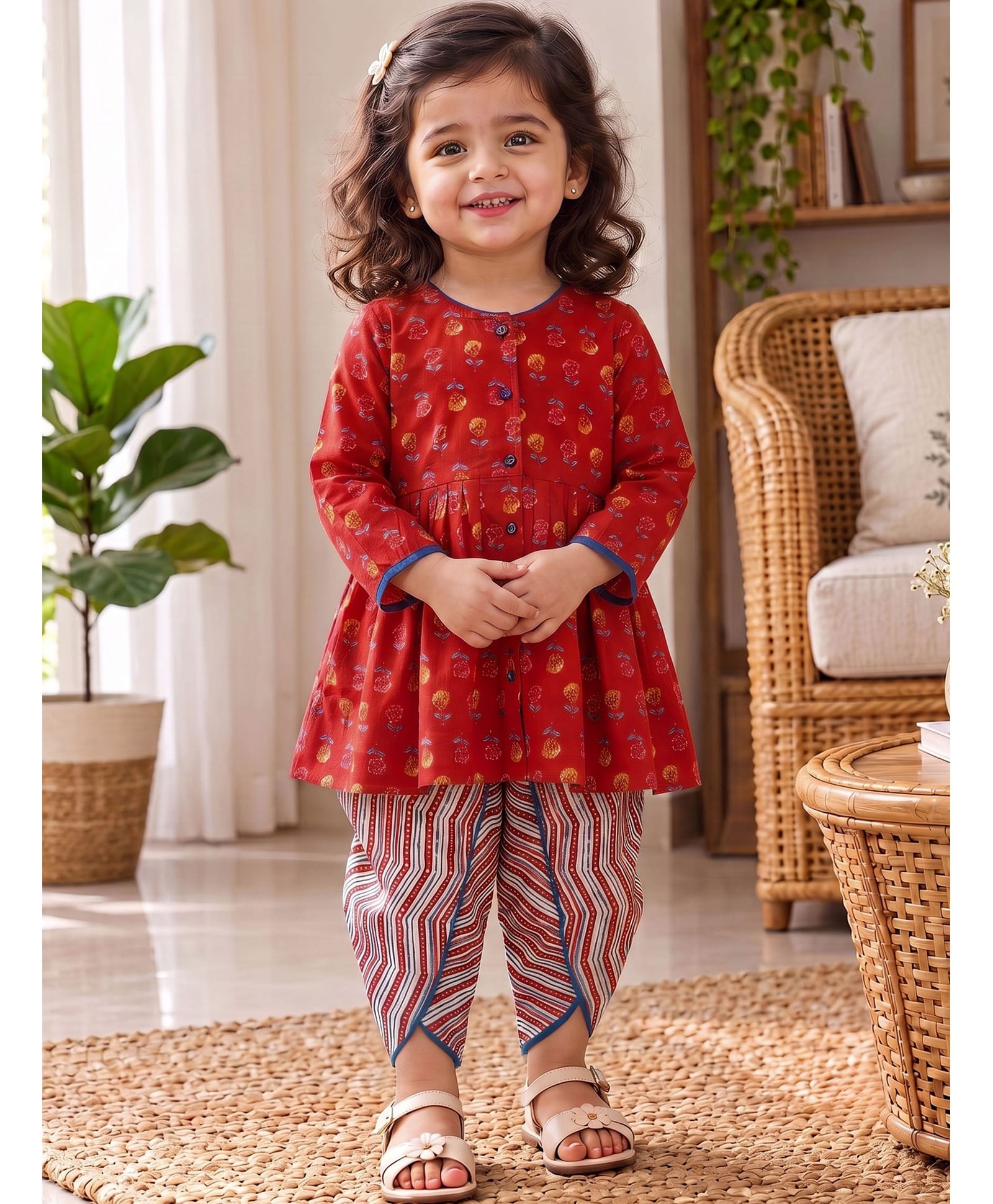 Campana 100% Cotton Woven Full Sleeves Floral Printed Kurti & Dhoti Set - Red & Blue-picture-4