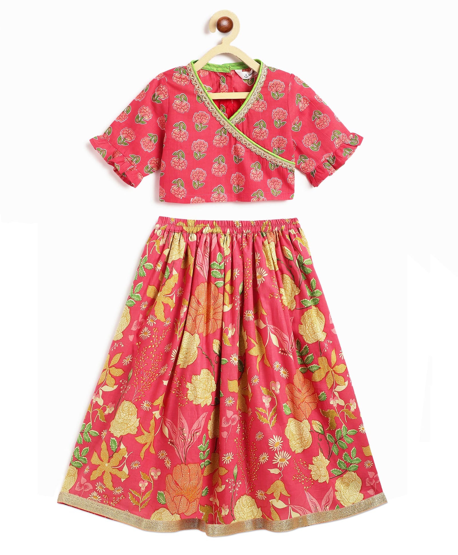 Campana 100% Cotton Woven Half Sleeves Floral Printed Lace Embellished Choli & Lehenga Set - Pink-picture-18
