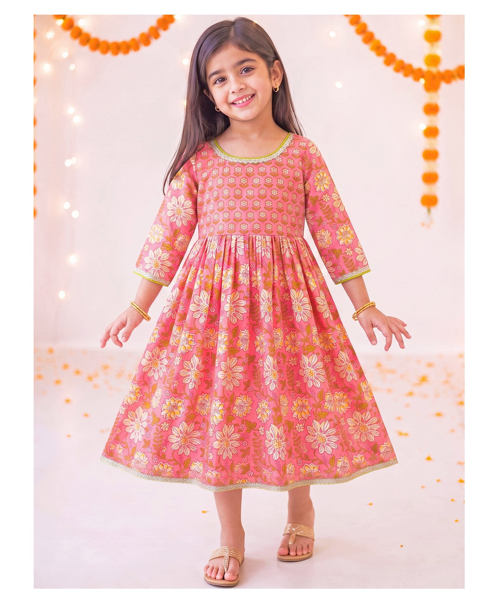 Campana 100% Cotton Woven Three Fourth Sleeves Floral Printed Lace Embellished Kurta - Pink-picture-12