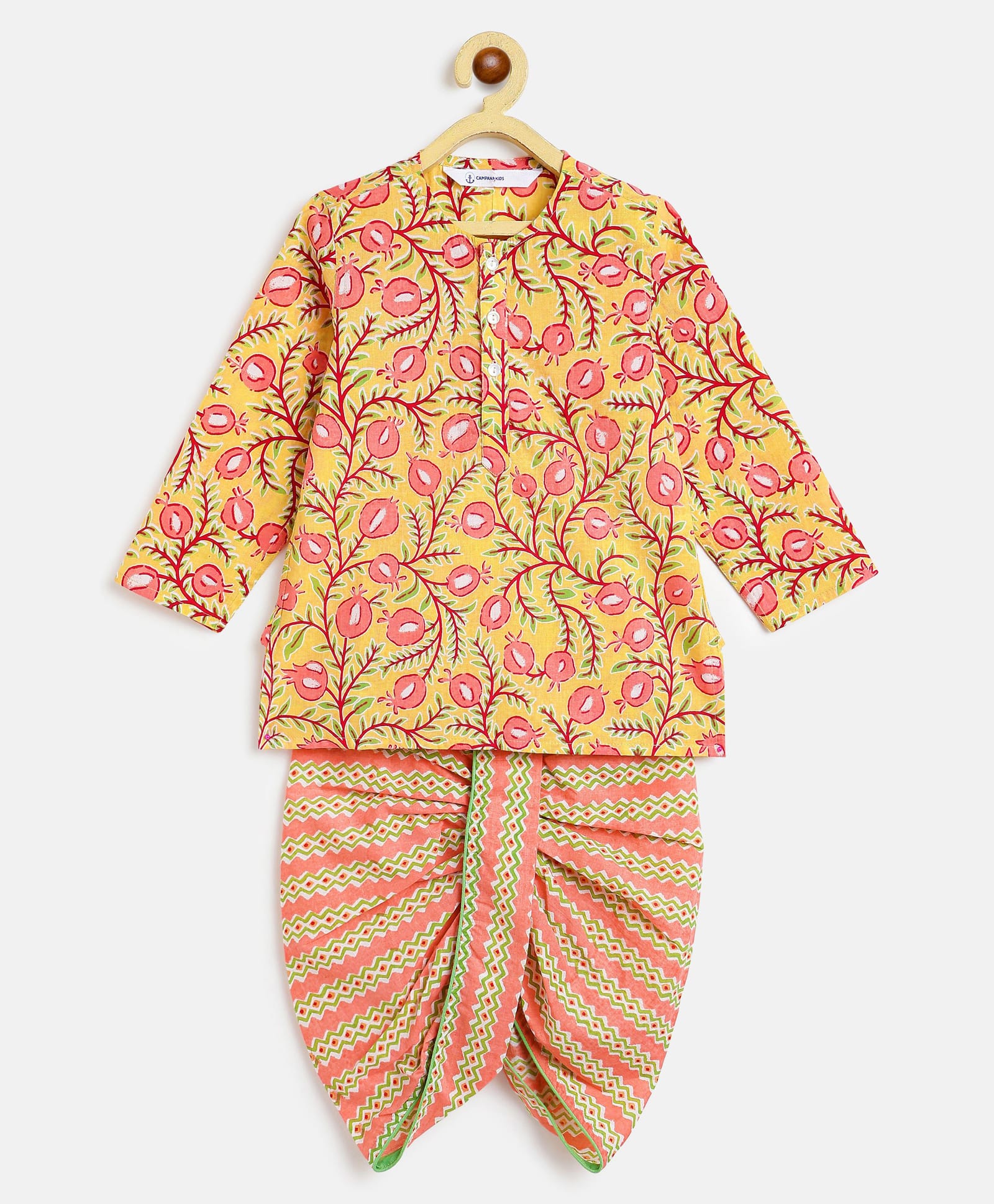 Campana 100% Cotton Woven Full Sleeves Floral Printed Kurta & Dhoti Set - Yellow & Peach-picture-22
