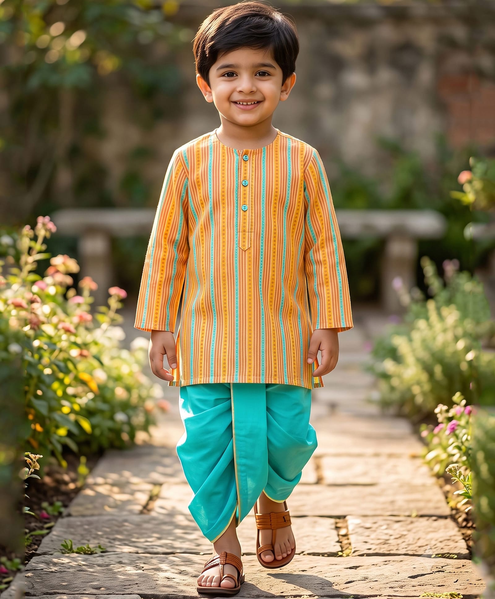 Campana 100% Cotton Woven Full Sleeves Striped Kurta & Dhoti Set - Mustard & Turquoise Blue-picture-24