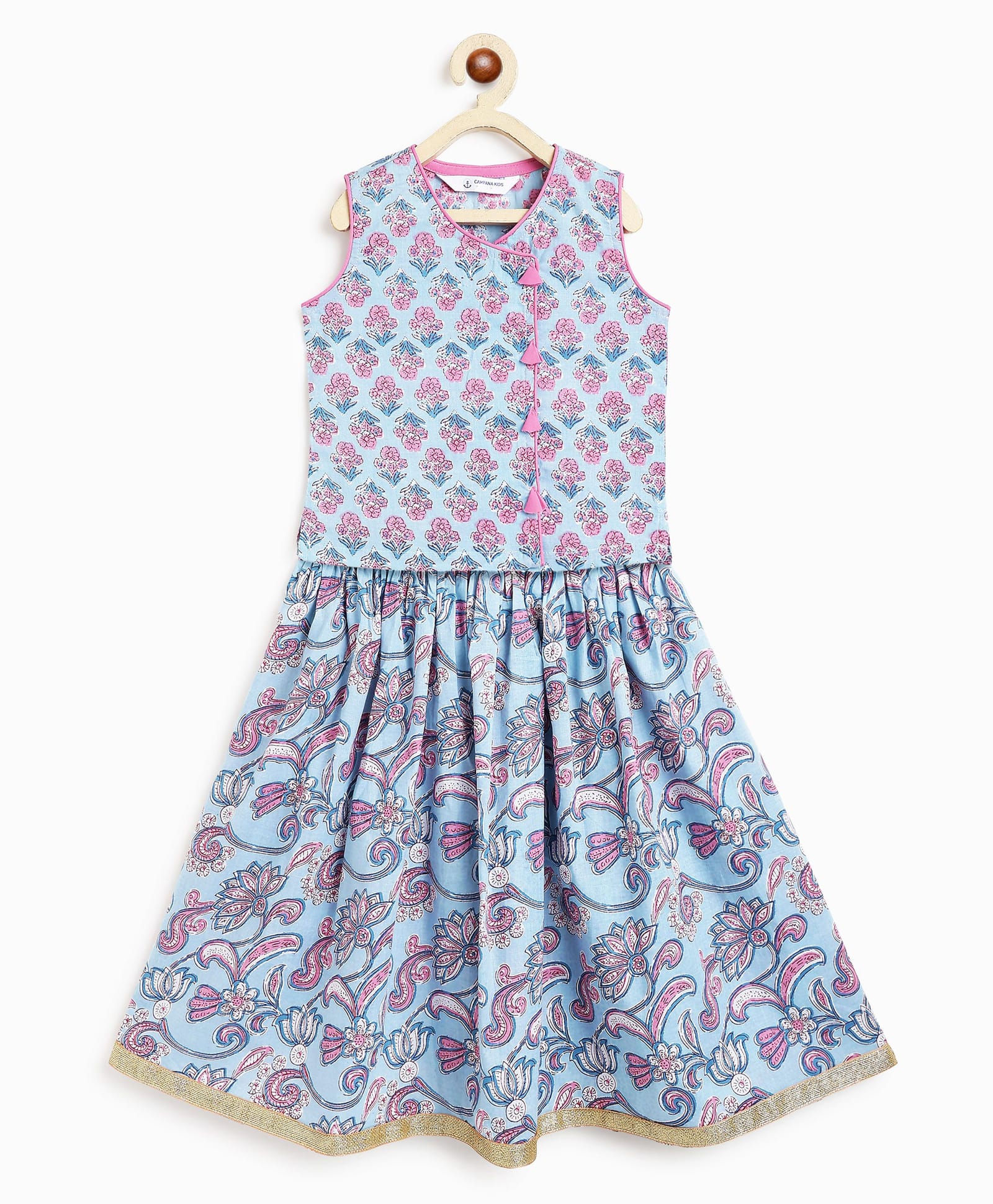 Campana 100% Cotton Woven Sleeveless Floral Printed Choli & Lehenga Set - Light Blue & Purple-image-49