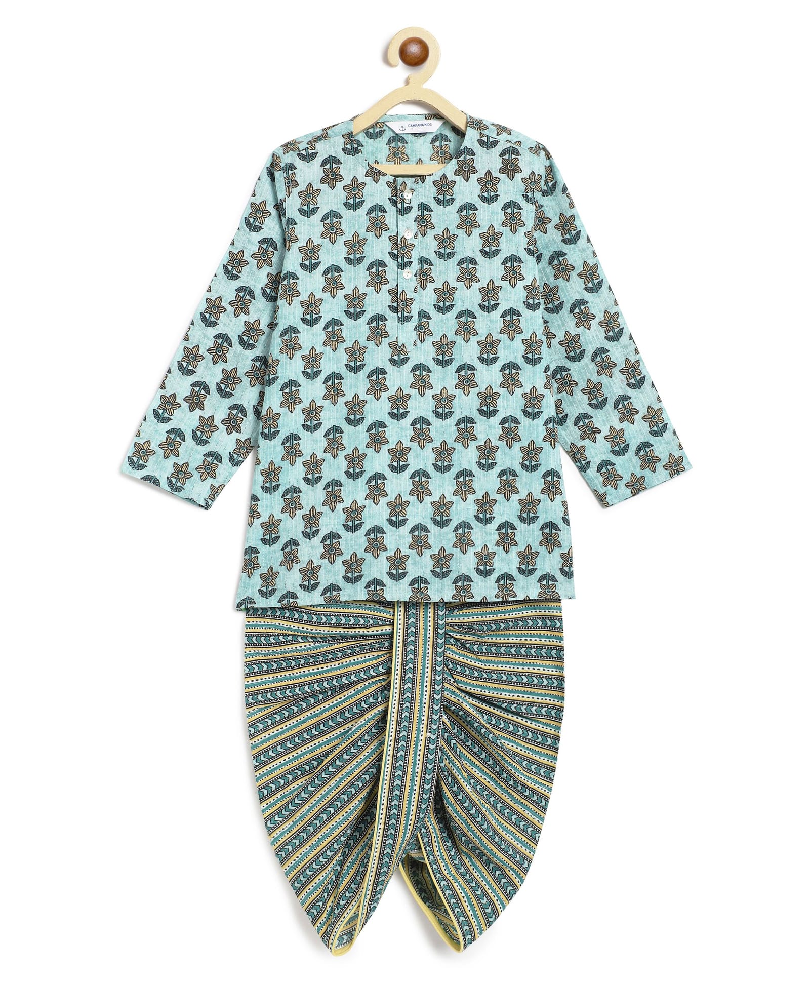 Campana 100% Cotton Woven Full Sleeves Floral Printed Kurta & Dhoti Set - Light Blue & Lemon Yellow-image-39