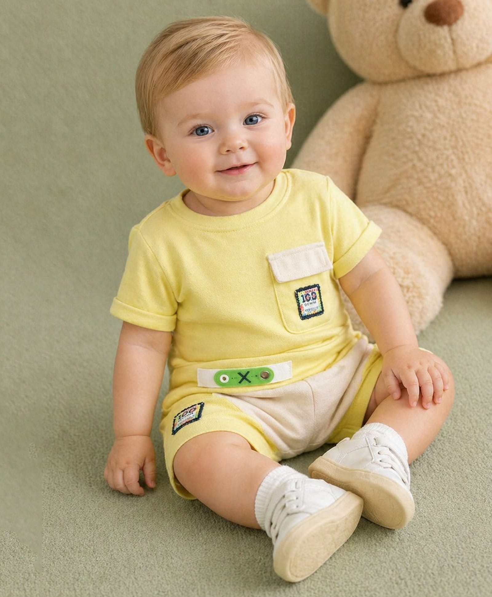 Spool Junior Cotton Knit Half Sleeve Abstract Patch Detailed Tee & Shorts Set - Yellow-picture-25