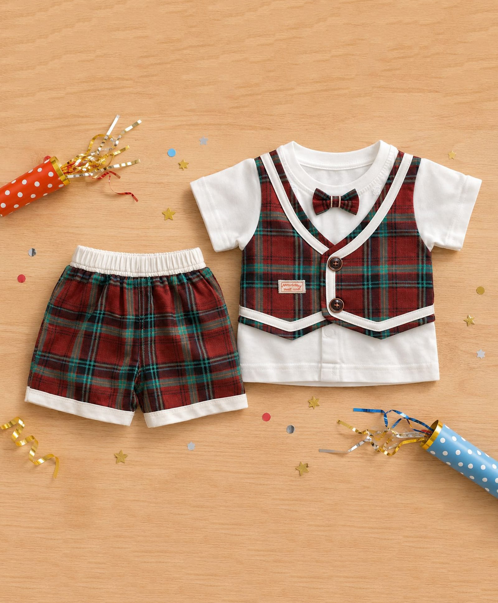 Spool Junior Cotton Knit Half Sleeves Tee With Attached Checked Waistcoat & Shorts Set - Maroon-image-41
