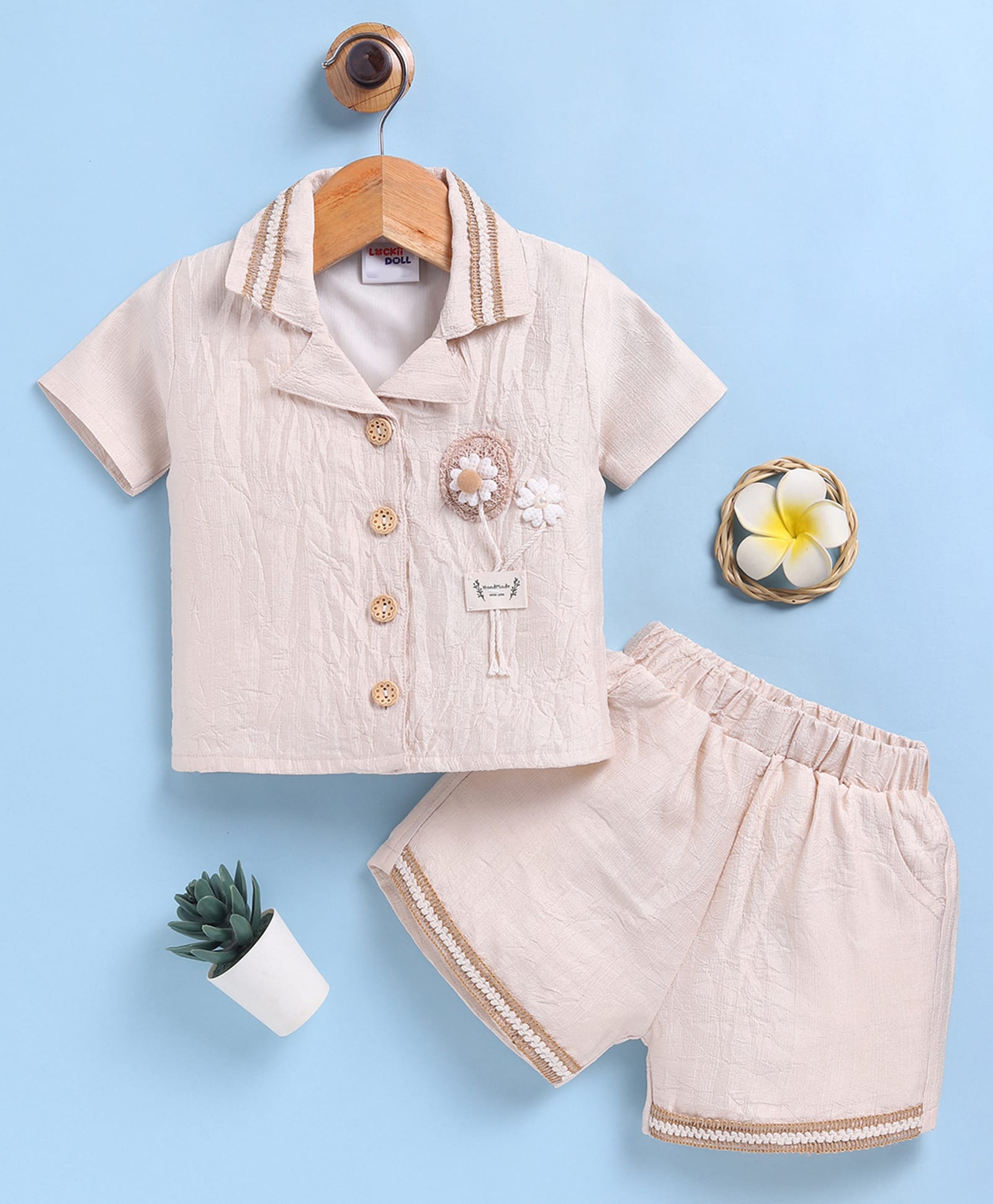 LACKii DOLL Cotton Blend Knit Half Sleeves Floral Applique Detailed Top & Shorts Set - Beige-image-45
