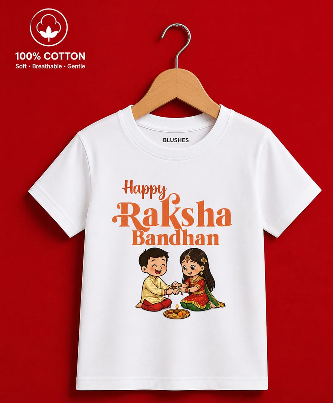 BLUSHES 100% Cotton Knit Raksha Bandhan Theme Half Sleeves Happy Raksha Bandhan Text Printed Tee - White-picture-9