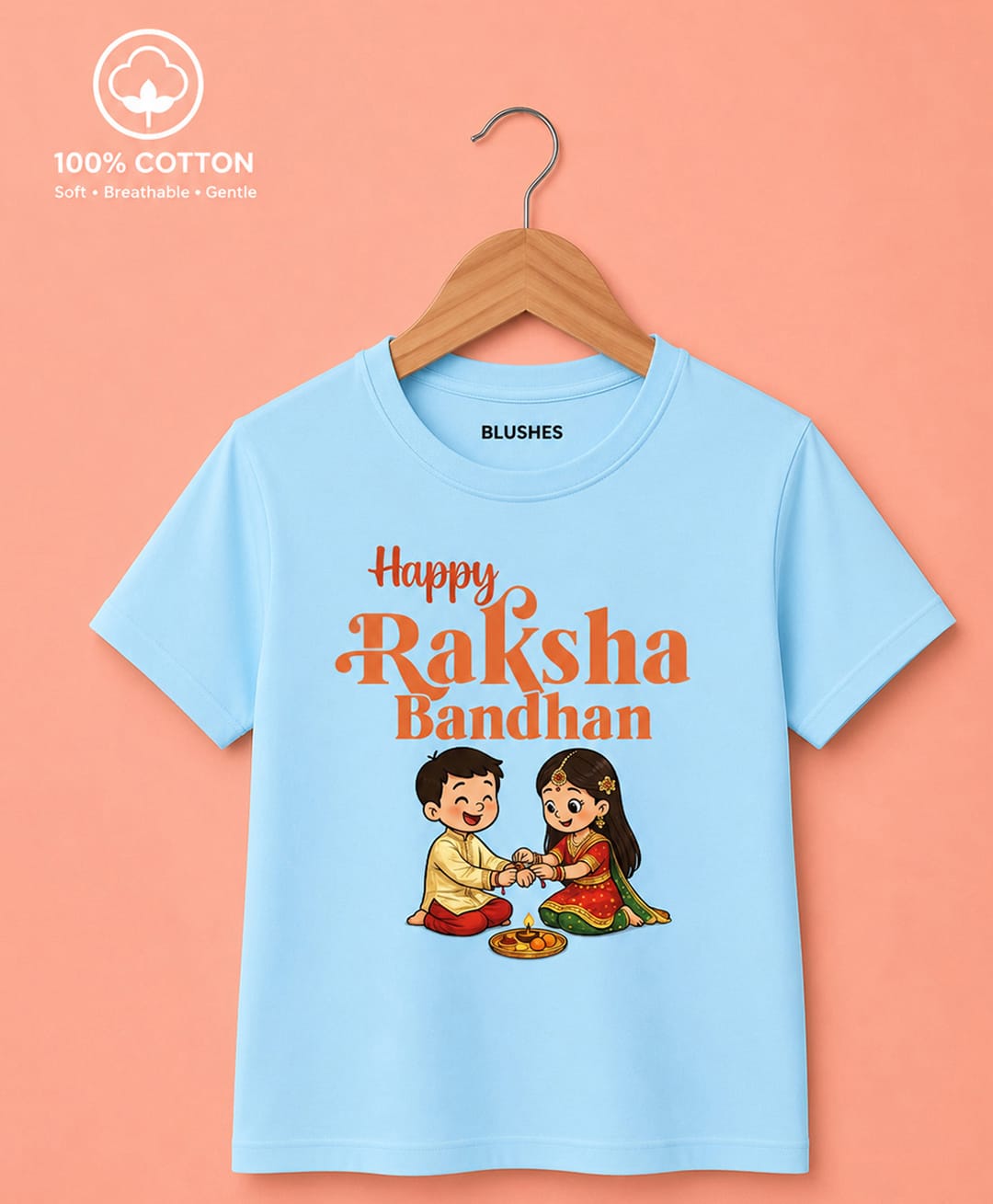 BLUSHES 100% Cotton Knit Raksha Bandhan Theme Half Sleeves Happy Raksha Bandhan Text Printed Tee - Aqua Blue-picture-11