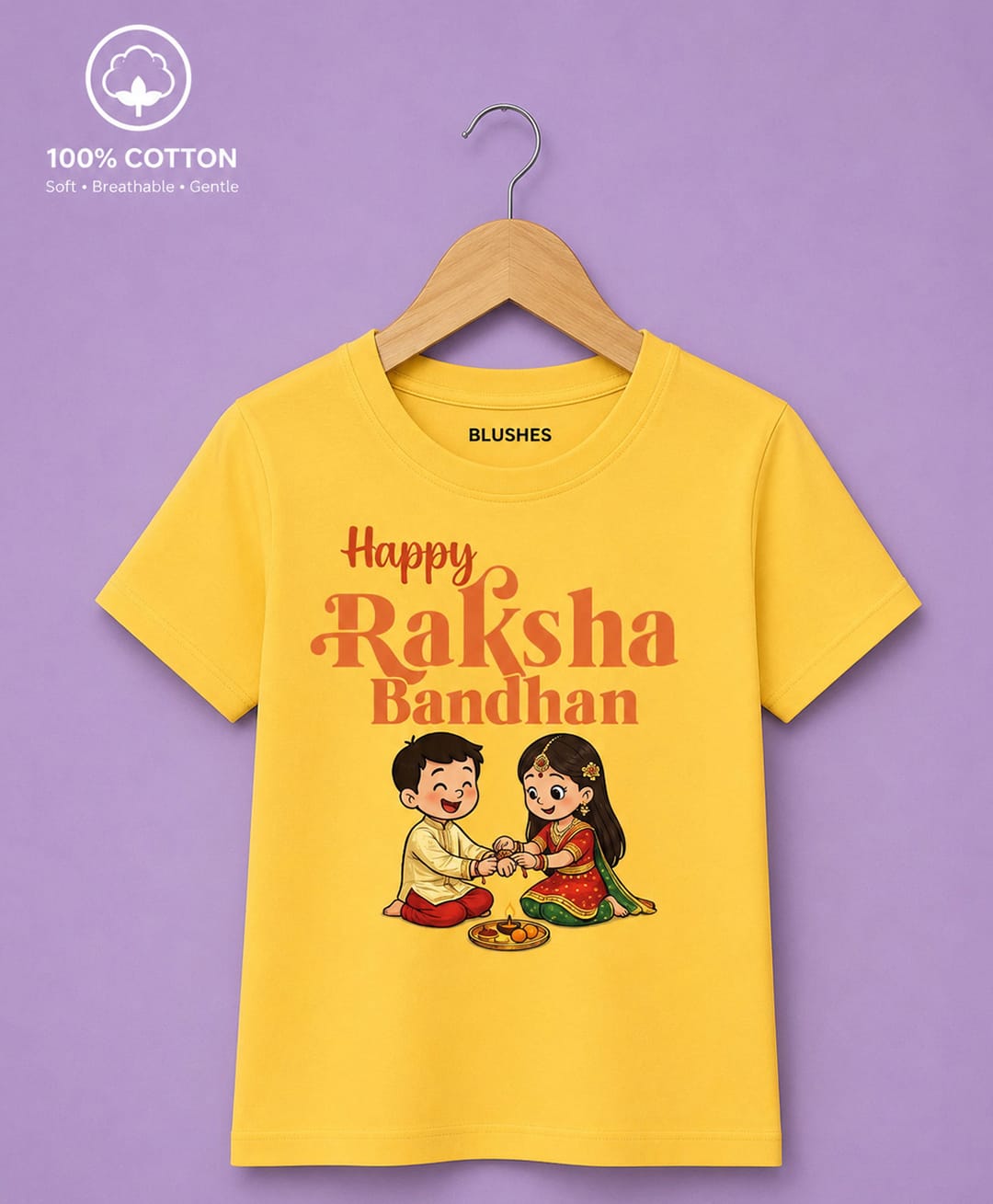 BLUSHES 100% Cotton Knit Raksha Bandhan Theme Half Sleeves Happy Raksha Bandhan Text Printed Tee - Yellow-picture-22