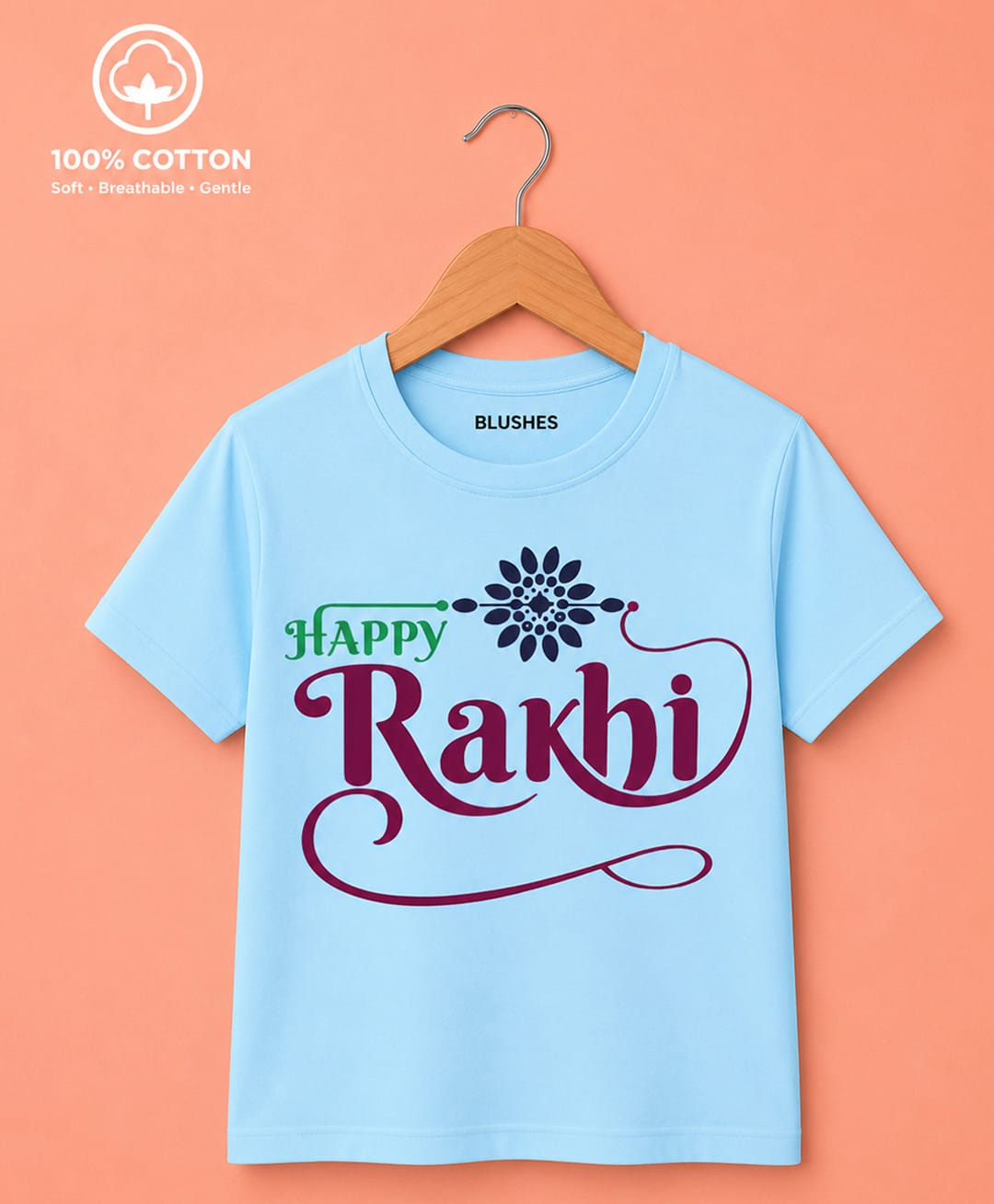 BLUSHES 100% Cotton Knit Raksha Bandhan Theme Half Sleeves Happy Rakhi Text Printed Tee - Aqua Blue-picture-27
